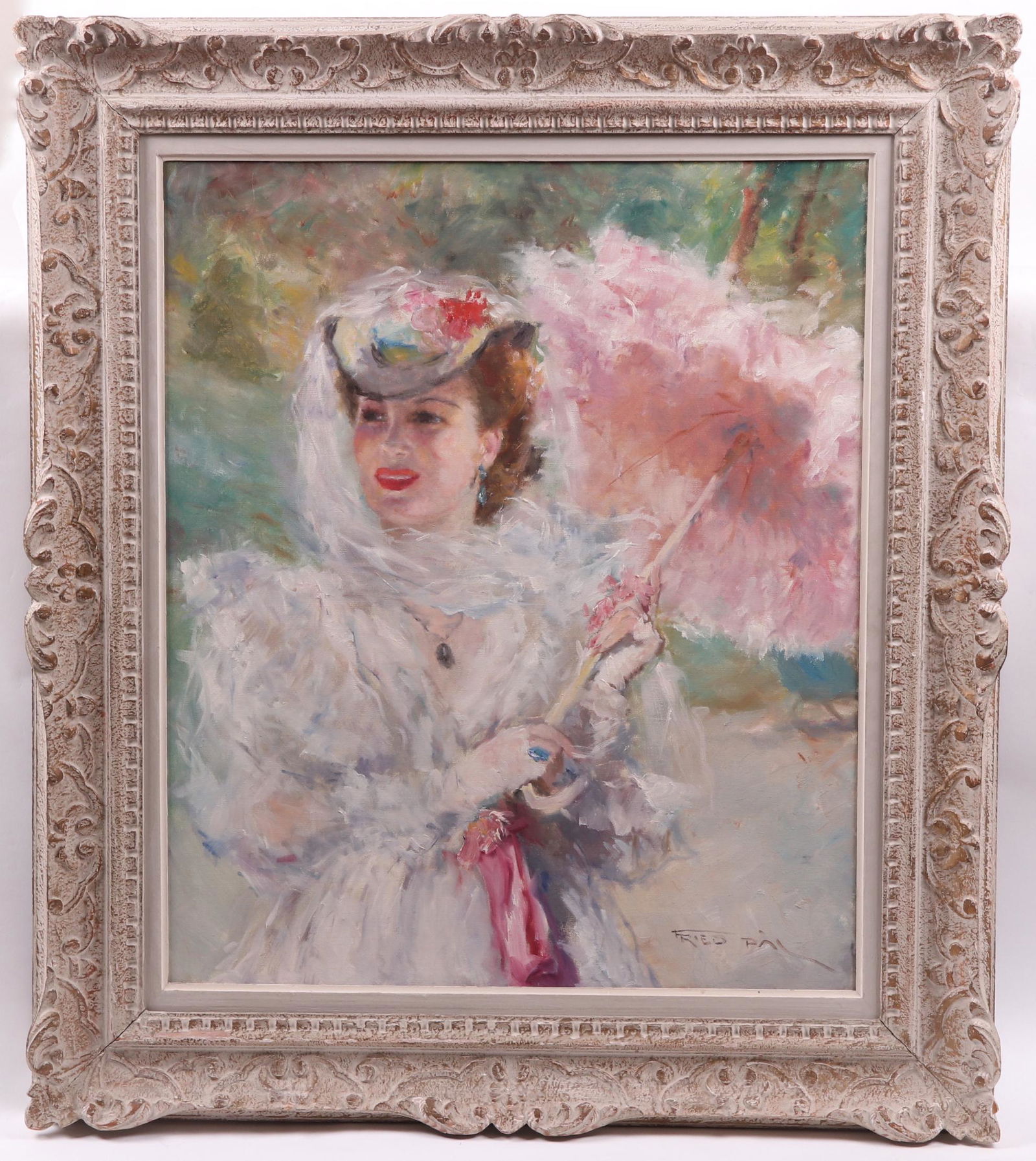 Fried Pal (1893 - 1976) Oil on Canvas: Depicting a woman wearing a hat and holding a parasol, signed at the lower right corner. Dimensions: 30" x 25", the frame 39 1/2" x 34". Provenance: From a local collection.