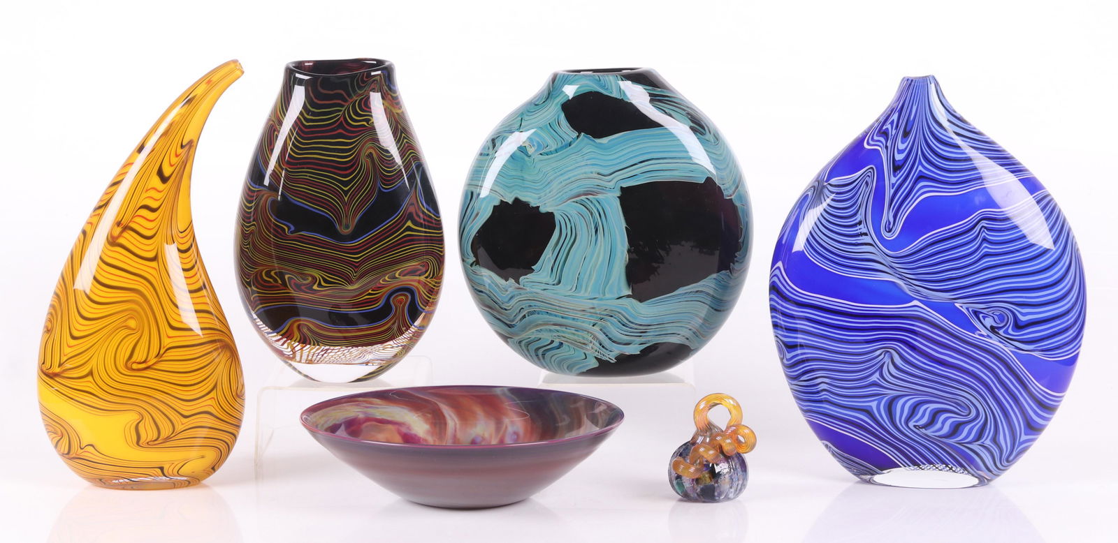 A Group of Art Glass, Alex Andreani, Josh Simpson: Two large vessels by Alex Andreani , each signed and dated for 2002 and 2000, a small unsigned glass gourd, a signed bowl by Josh Simpson that is dated for 2009, a vessel by Michael Hatch and an unmar