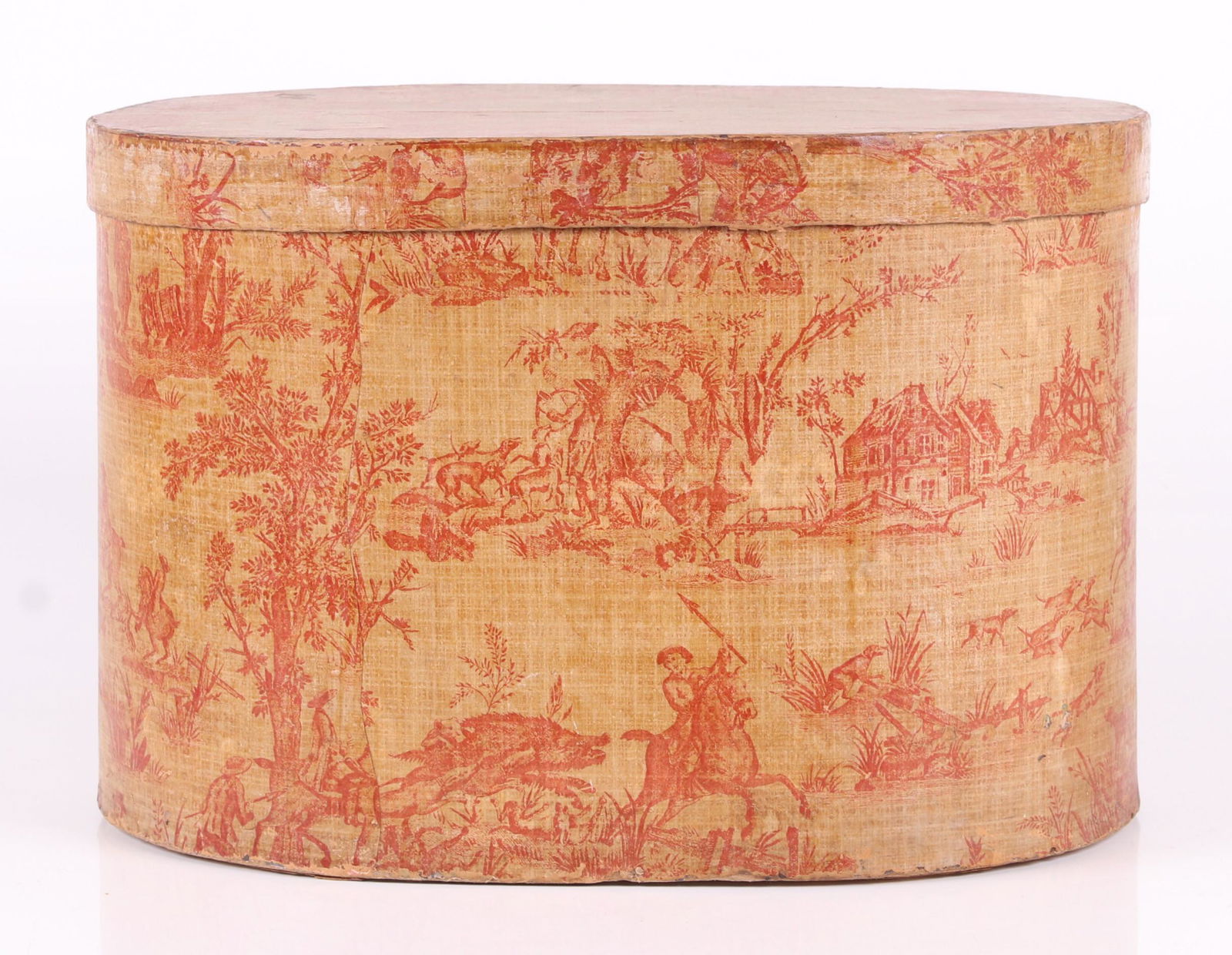 A 19th Century Wallpaper Box: A large example with old wallpaper decorated with hunt scenes over the original blue. Dimensions: 20" x 14 1/2", the height is 13".