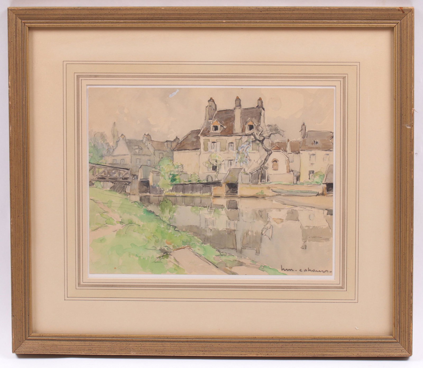 Continental School, 20th century, Watercolor: Depicting a river with buildings, illegibly signed at the lower right. Dimensions: Sight is 9 1/2" x 12", the frame 17" x 20". Provenance: From a Main Line estate.