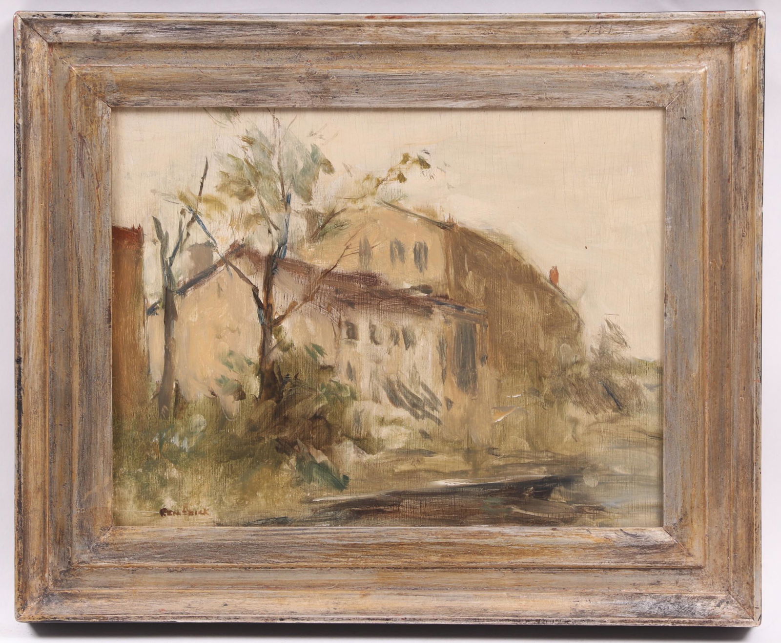 Seymour Remenick (1923 - 1999) Oil on Board: Titled verso, "Old Mill in Manayunk" , signed at the lower left corner. Dimensions: 10" x 13", the frame 13 3/4" x 16 1/2". Provenance: From a Main Line estate.