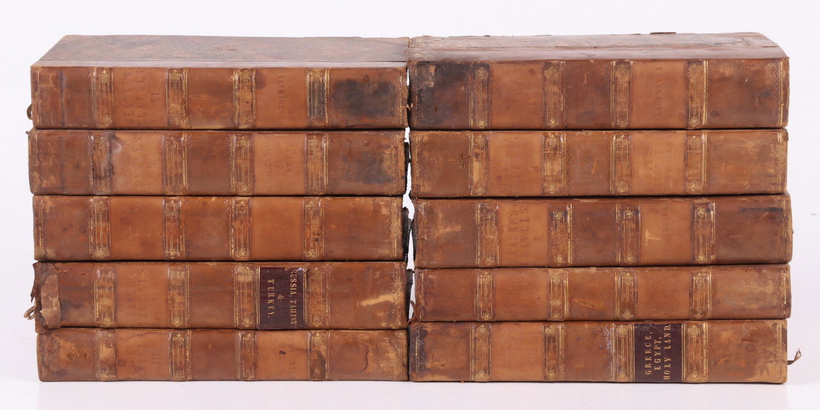 Book, Clarke's Travels in Various Countries: Ten volumes, 1-11, missing volume 6. Fourth edition, 1817. Quarter bound with many pull-out maps, not collated. Dimensions: Each is 9" x 5 1/2".