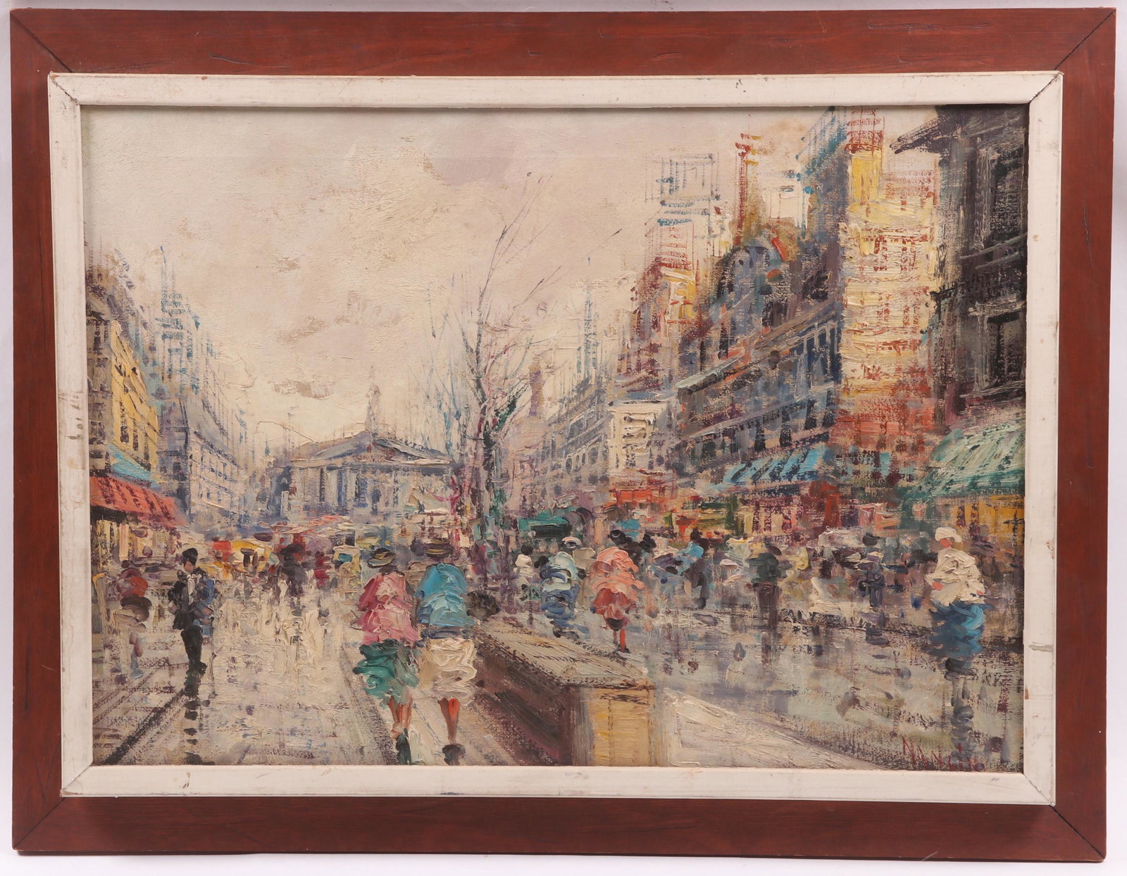 Continental School, Oil on Canvas: Mid 20th century, a street scene with figures, illegibly signed at the lower right corner. Dimensions: 18" x 25 1/2", the frame 23 2/4" x 30 3/4".