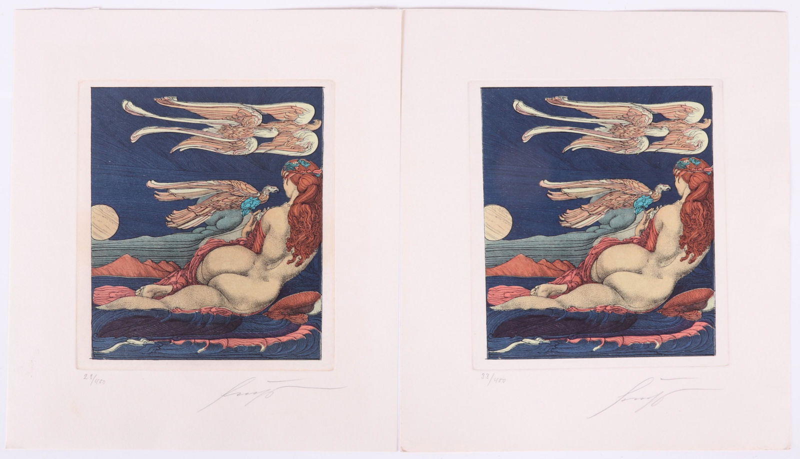 Ernst Fuchs (Austrian 1930 - 2015) Two Etchings: From the same set, numbers 28 and 33 of 400. Depicting a nude female with birds. Both pencil signed by the artist at the lower right. Dimensions: Each is 11 1/4" x 10". Provenance: From a Virginia col