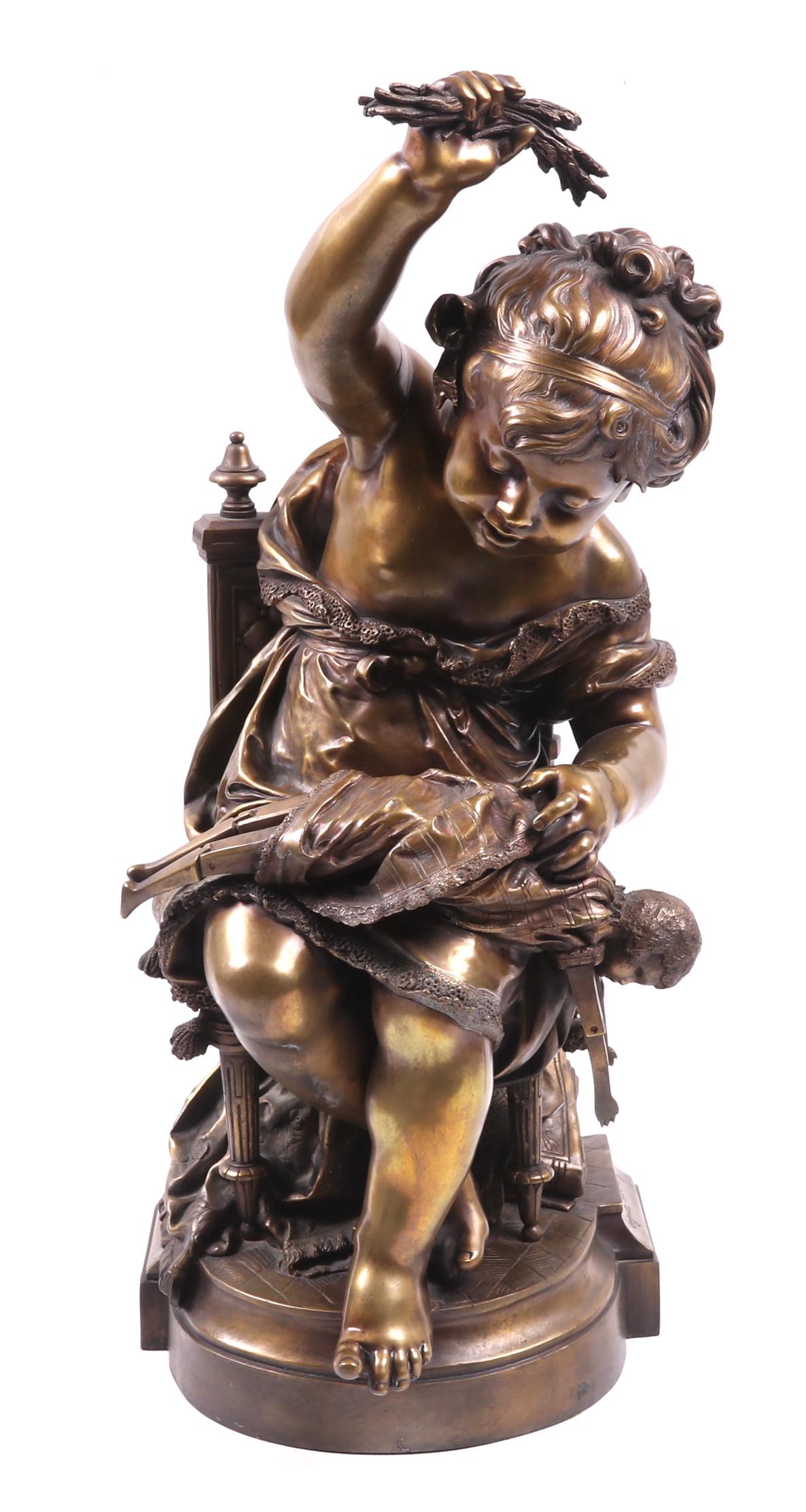 Auguste Moreau (1834 - 1917) Large Bronze: An unusual bronze depicting a young girl seated and spanking a doll on her lap, late 19th century, signed as pictured. Dimensions: 11" x 11", the height is 24 1/2". Provenance: From a local estate.