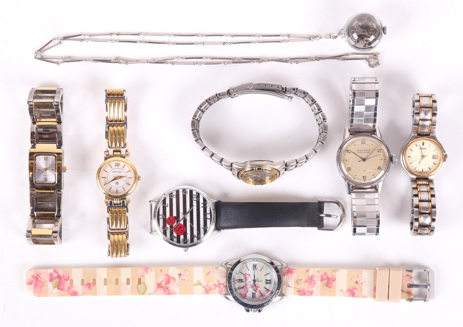 Group of Estate Watches, Including Movado: Comprising: a vintage Movado "Solidomatic" men's 33mm watch, four women's fashion watches, a mechanical pendant watch by Lugran and watches by Seiko and Citizen for women. Dimensions: Various.