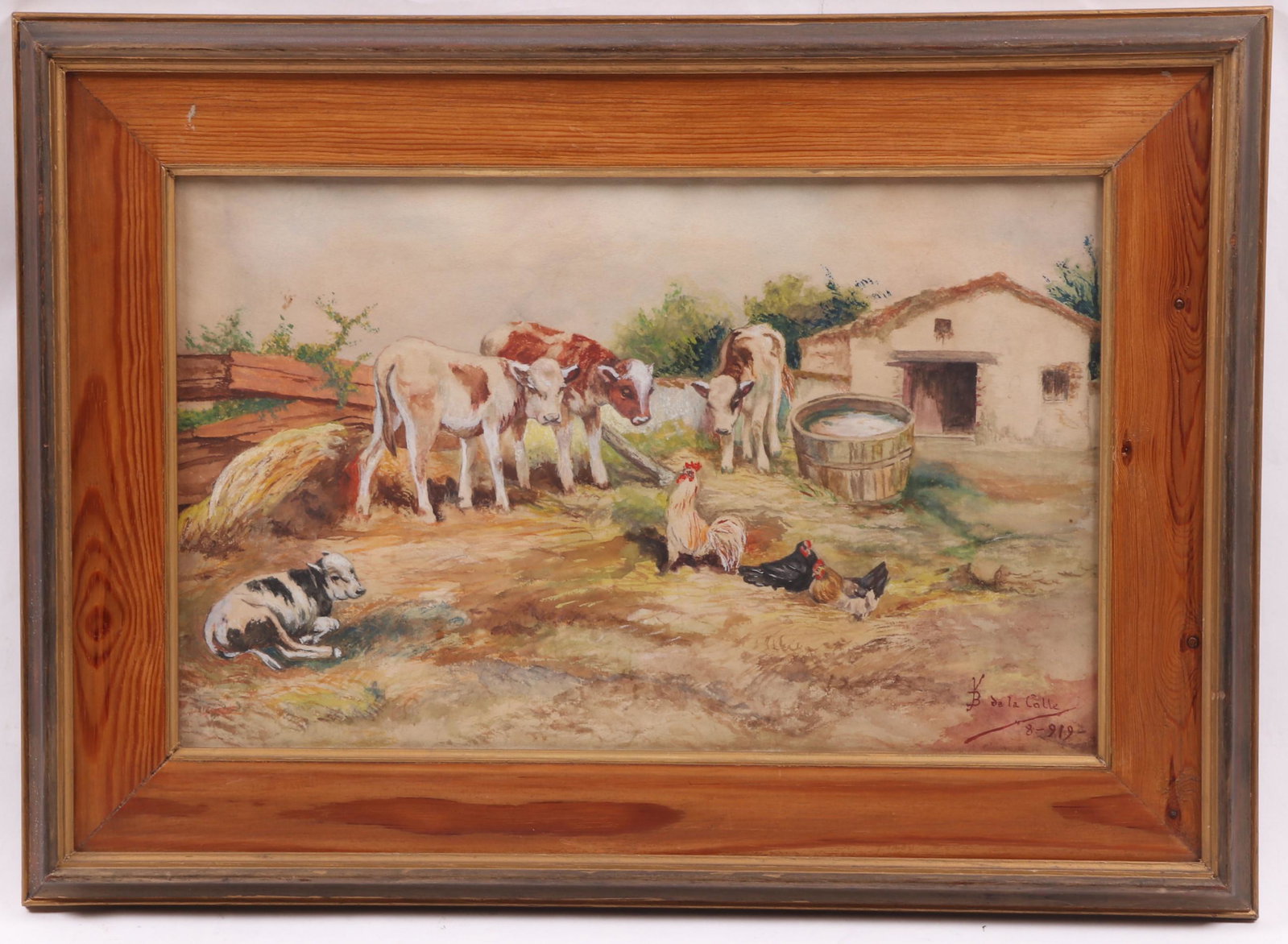 Continental School, Early 20th c. Watercolor: A farmyard scene with animals, signed "De La Colle" and dated for 1919 at the lower right corner. Dimensions: Sight is 10" x 16", the frame 15 3/4" x 21 3/4".
