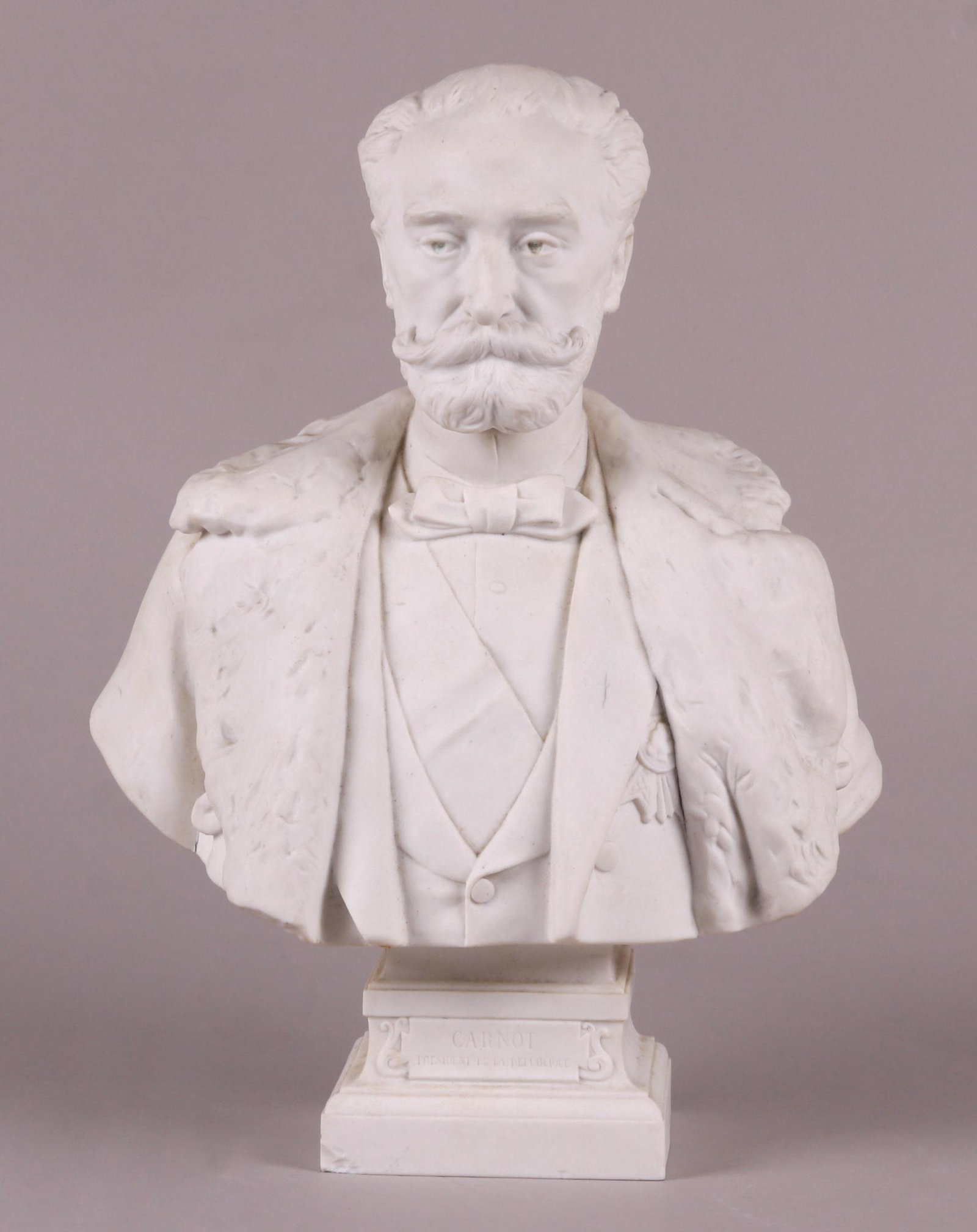Sevres Parian Marie Francois Sadi Carnot: A bust of Carnot who served as the President of France from 1887 until 1894. Impressed Sevres mark. Dimensions: 13' x 7", the height is 17 1/4".