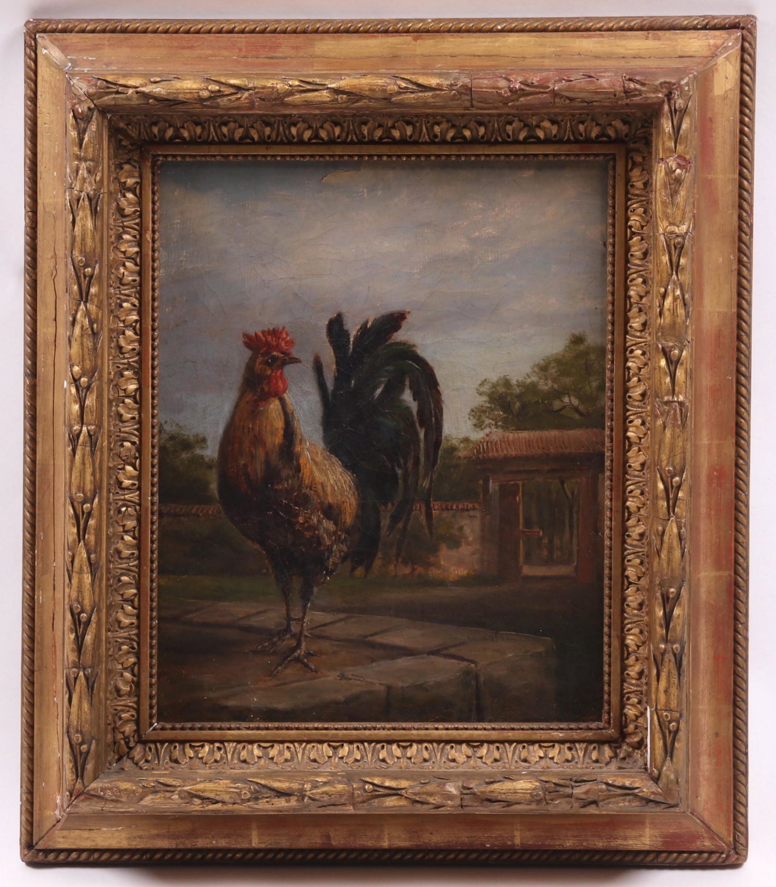 Continental School, 19thc. Oil on Canvas: Depicting a rooster in a yarn, illegibly signed at the lower right corner. Dimensions: 14" x 12", the frame 20 1/2" x 18". Provenance: From a Philadelphia collection.