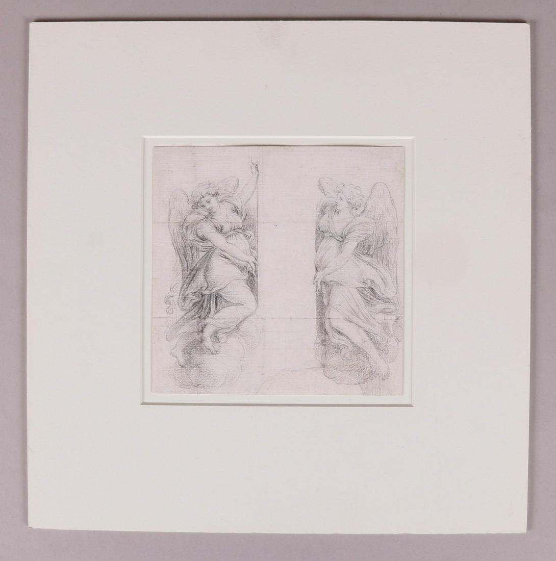 Continental School, 18th Century, Charcoal on Paper: A study of two angels, unsigned. Dimensions: The image size is 7 1/2" x 7 1/2", 15 1/4" x 15 1/4".