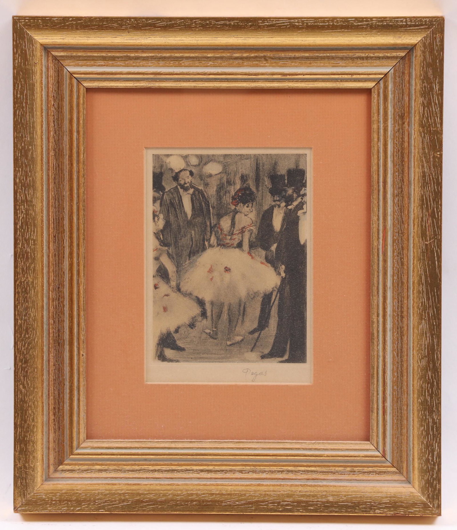 After Edgar Degas, Lithograph: "Virginie Being Admired While the Marquis Cavalcanti Looks On", pencil signed as pictured. We cannot guarantee authenticity of this print. Dimensions: Sight is 7" x 5", the frame is 14 1/2" x 12 1/2".
