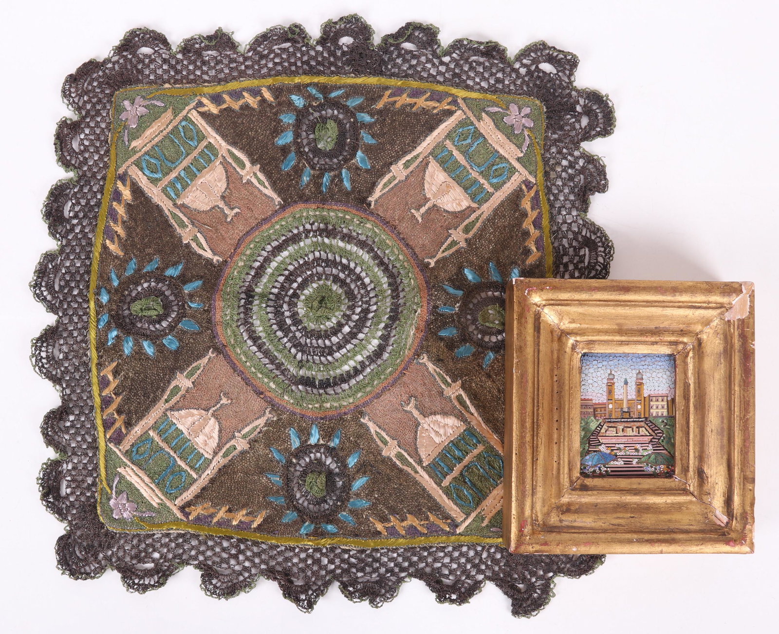 An Indian Mosaic and a Textile: A framed mosaic of a palace and an embroidered textile that features silk and metallic threads. Dimensions: The frame is 8" x 7" x 2", the textile is 18" x 15".