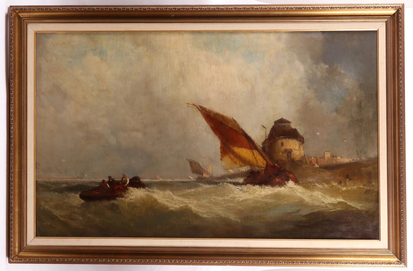 Continental School, Large Seascape, Oil on Canvas: Unsigned, a coastal scene with boats and figures. Dimensions: 30" x 50", the frame 37 1/2" x 57 1/2". Provenance: From a Philadelphia collection.