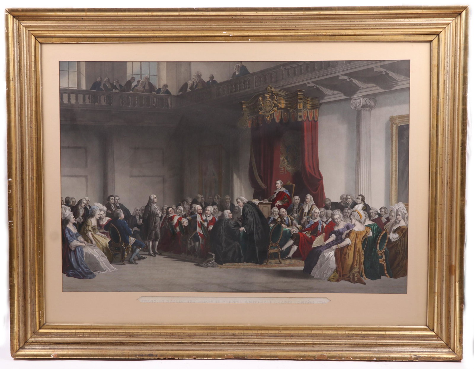 A Large Engraving, Ben Franklin in London: After Christian Schuessele, "Franklin Before the Lords in Council, Whitehall Chapel, London 1774". Hand colored. With a good lemon gilt frame. Dimensions: Sight is 26" x 38 3/4", the frame 39" x 50 1/