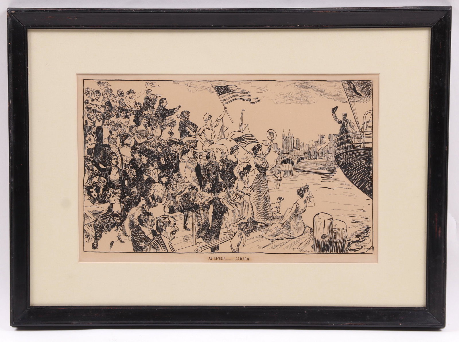 A Pen and Ink Drawing After Gibson: "AuRevoir Gibson", signed "Copied by Mr. Woodhouse" at the lower right corner. Dimensions: Sight is 9 1/4" x 14 1/2", the frame 15" x 21".
