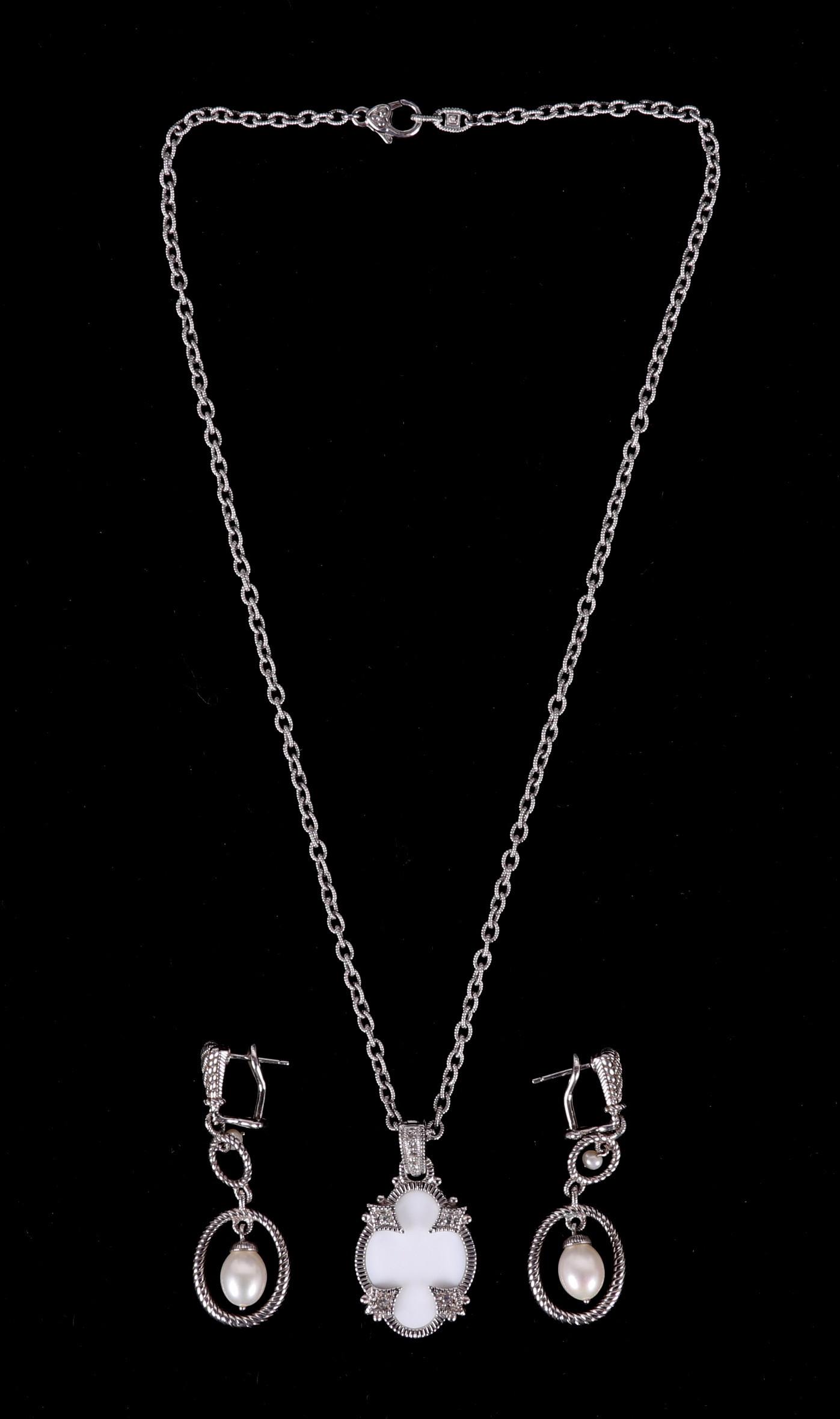 Judith Ripka, Sterling Jewelry: A Necklace with pendant and a pair of earrings, each with a two pearls. Dimensions: The necklace is 17" long, the earrings are 2" long. The total approximate gross weight is 0.80 troy ounces. Provenan