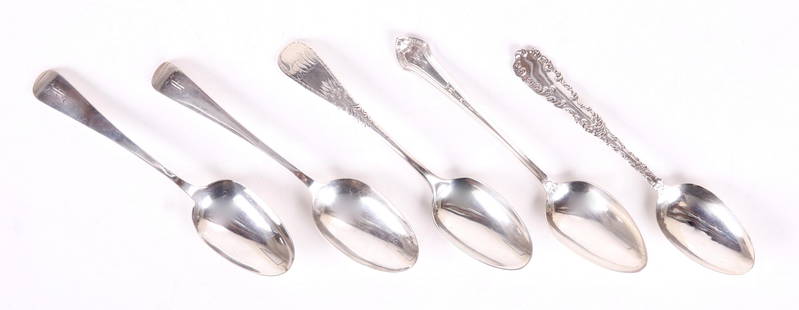 Five Large Sterling Spoons: Comprising: Two Old English Antique pattern spoons by Dominick and Haff, Lenox pattern by Durgin, A bright-cut example by A. Stowell and Co., and Waverly pattern by Wallace, Dimensions: From 8" to 8