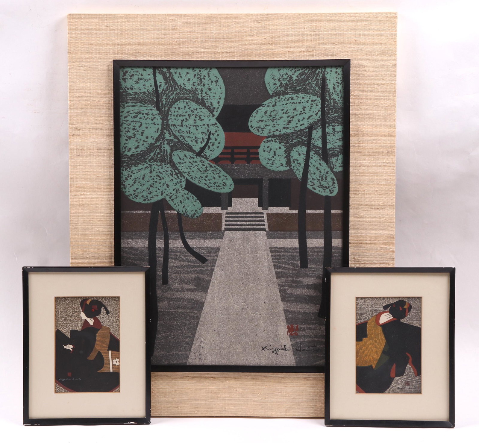 Kiyoshi Saito (1907-1997) Three Woodblock Prints: "Myoshin-Ji" numbered 51/200, and two smaller prints, each depicting a Geisha. Dimensions: The frames range from 10 1/2" x 8 1/2" to 27" x 22". Provenance: From a local estate.