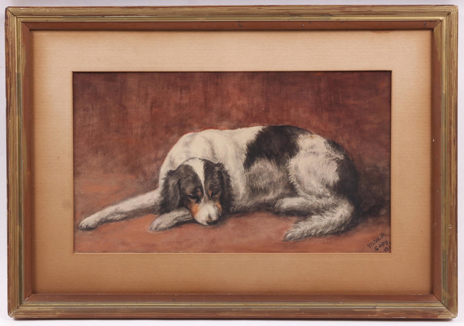 A Watercolor of a Dog, Dated 1911: Depicting a reclining dog, signed at the lower right "M.W.P. copy, 1911". Dimensions: Sight is 8" x 14", the frame 13 3/4" x 19 3/4".