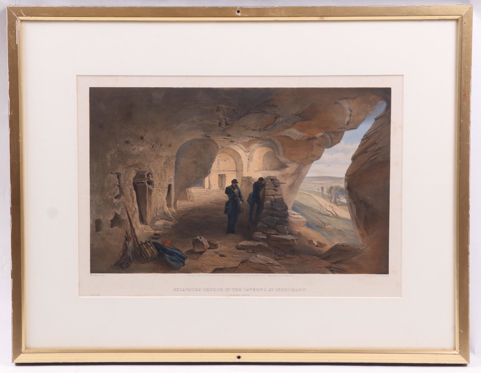 William Simpson (1823-1899) Lithograph: "Excavated Church in the Caverns at Inkermann, looking west", circa 1855, Paul and Dominic Colnaghi, lithograph by Day and Son. With Arader Gallery tag verso. Hand colored. Dimensions: Sight is 13" x