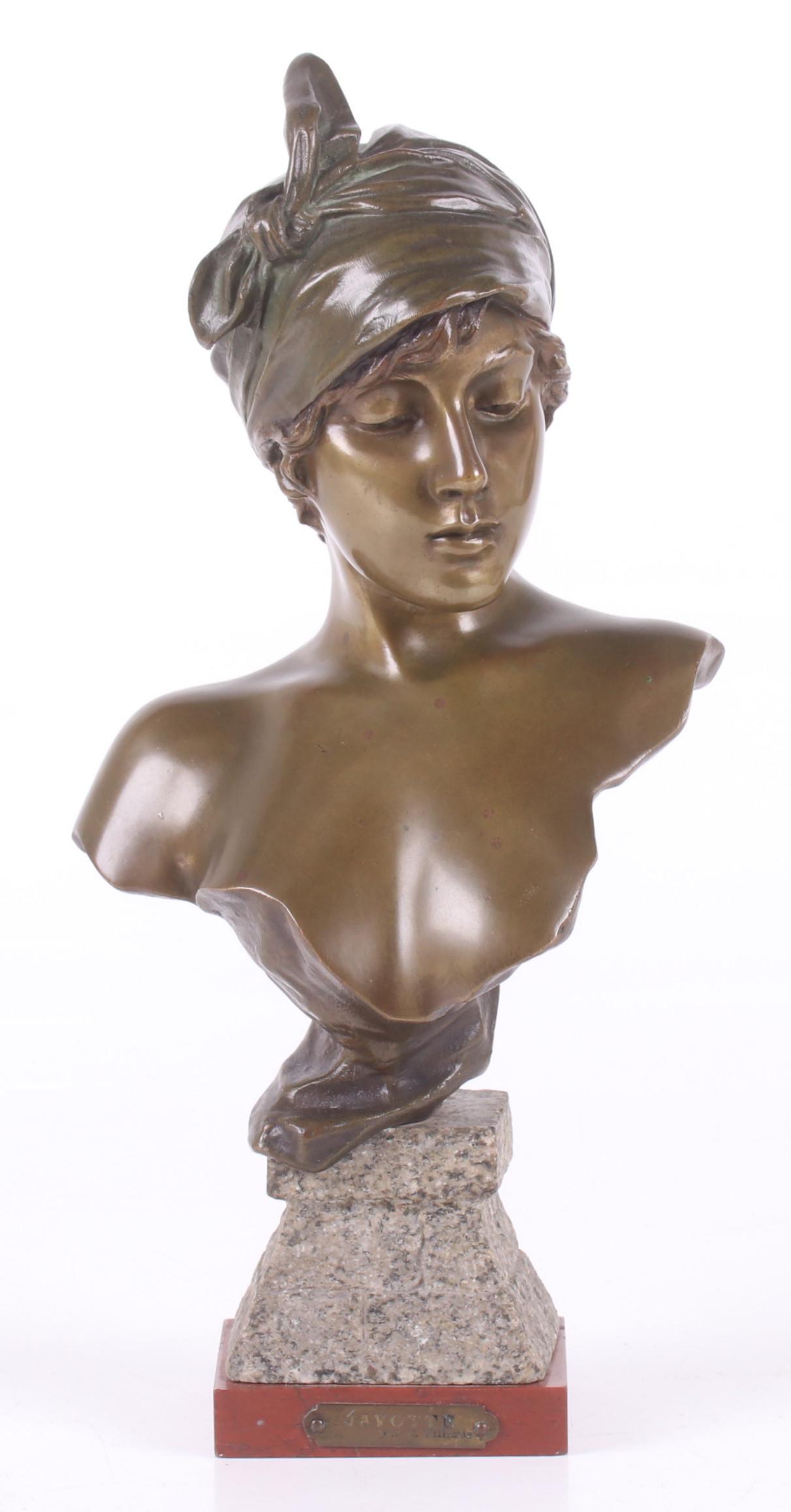 Emmanuel Villanis (1858 - 1914) Bronze: "Javotte", circa 1890, on a granite socle . Signed as pictured. Dimensions: 5 1/2" x 4", the height is 11". Provenance: From a Pittsburgh estate.