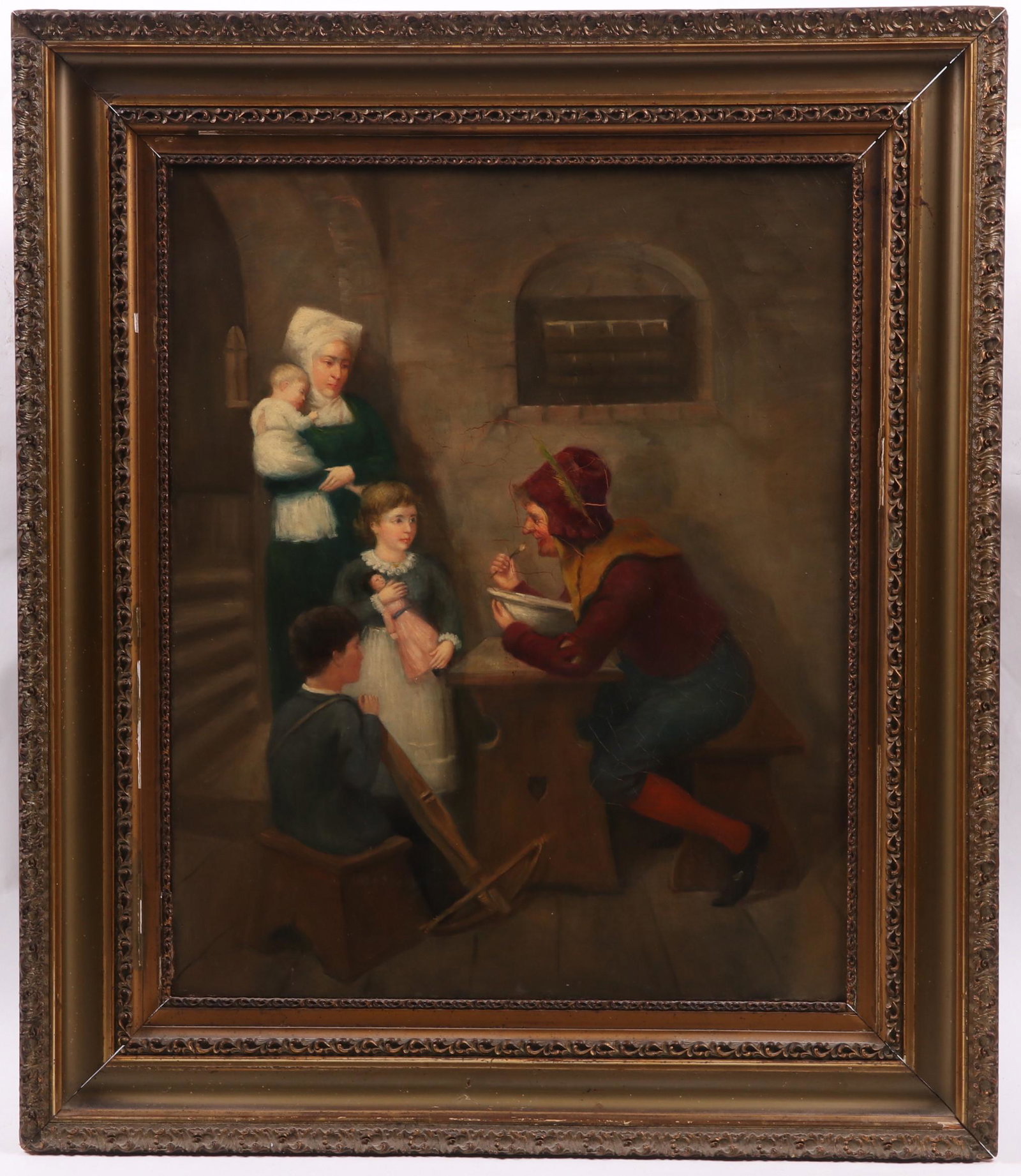 Continental School, 19th c. Oil on Canvas: An interior genre scene, unsigned. Dimensions: 27" x 22", the frame 36" x 31". Provenance: From a local estate.