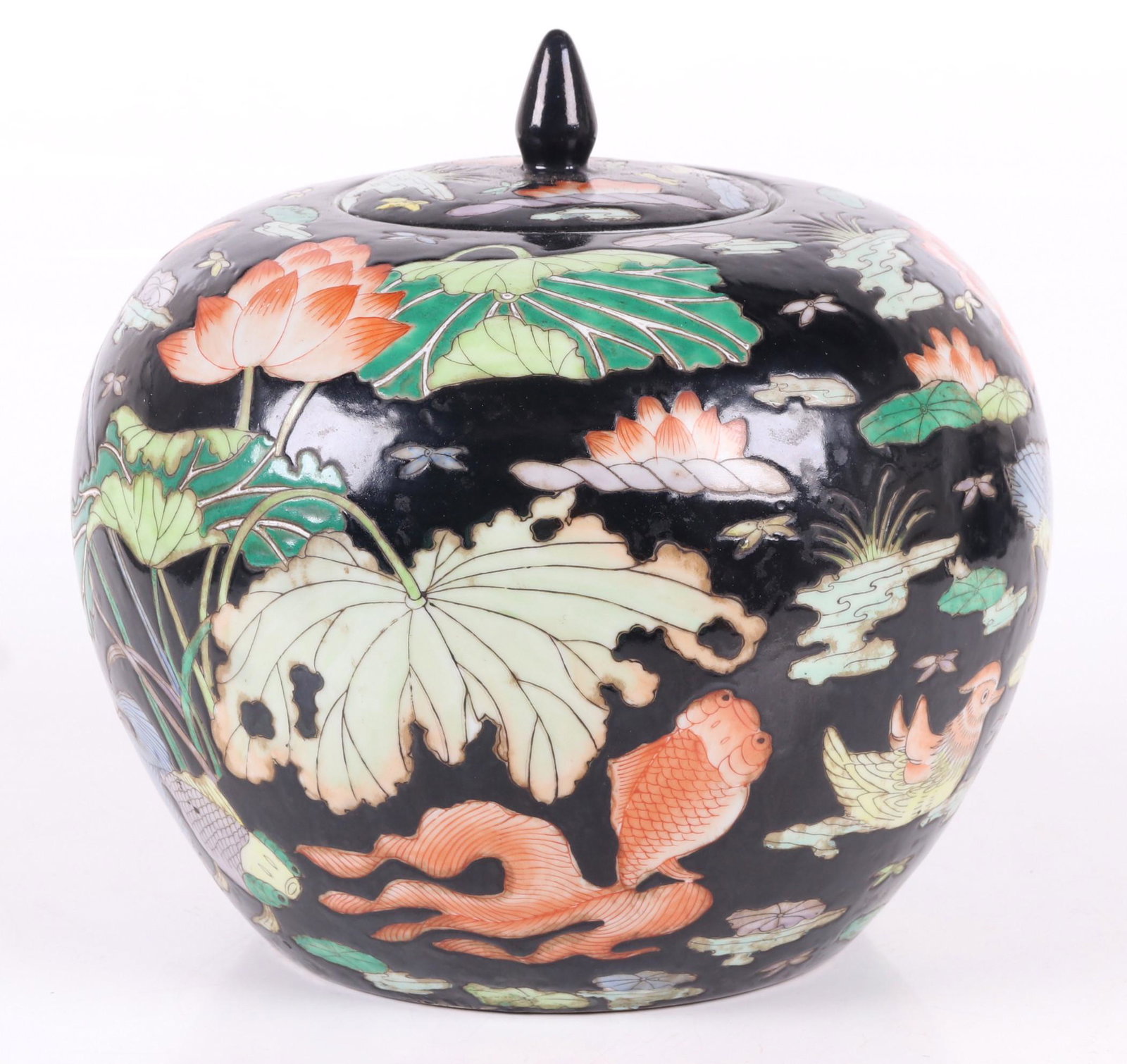 A Chinese Famille Noire Jar: 20th century/modern, with duck, koi and lotus decoration. Dimensions: 10" in diameter, the height is 10".