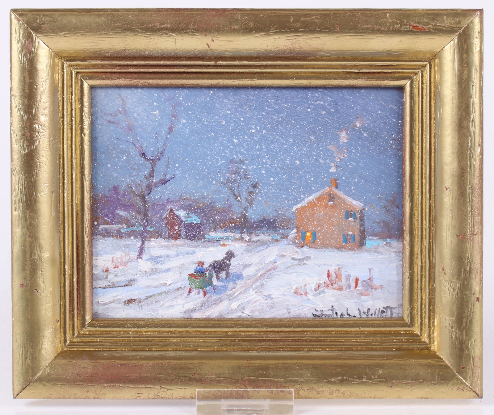 Christopher G. Willett (Born 1959) Oil on Board: Titled Verso, "Feb. 2nd, first snow, Bucks County, PA", signed at the lower right corner. Dimensions: 4 1/4" x 5 1/2", the frame 6 1/4" x 7 1/2".