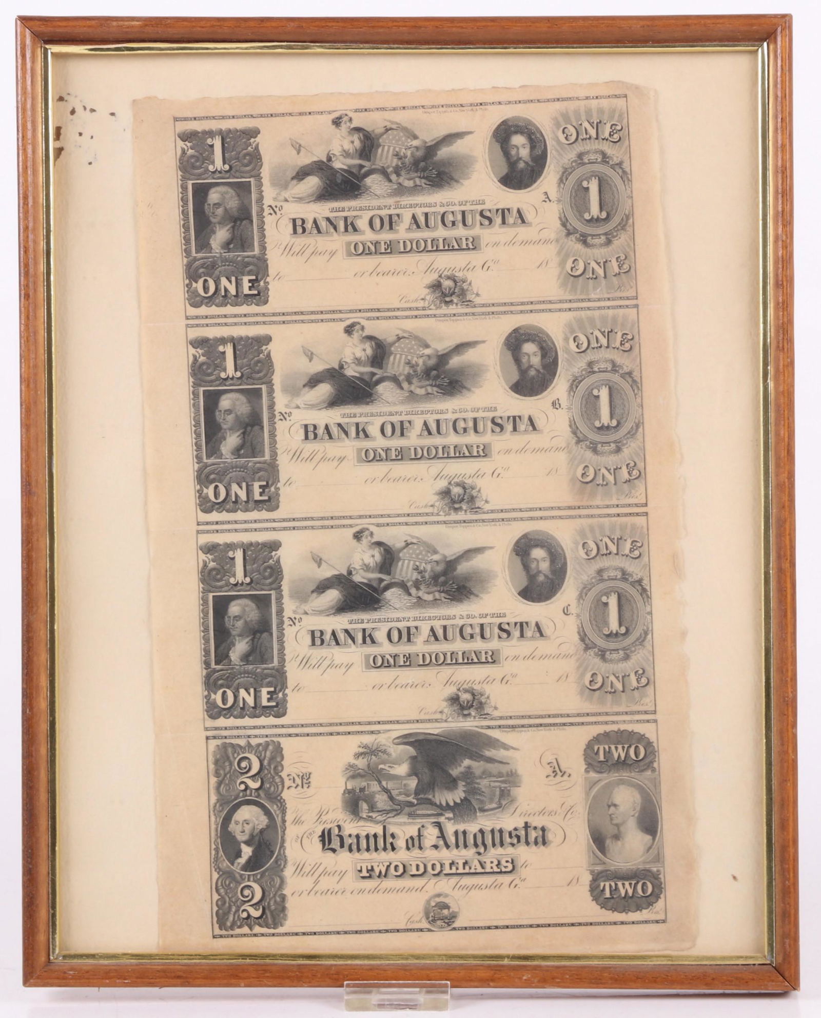 Bank of Augusta Four Dollar Bills: An uncut sheet of four one dollar bills, framed. Dimensions: The frame is 14 1/2" x 11 1/2". Provenance: From a local estate.