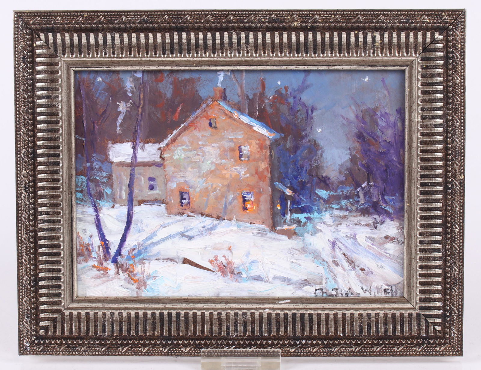 Christopher G. Willett (Born 1959) Oil on Board: Titled verso,"House on River Rd. by Bowman's Tower, Bucks County, PA" and signed at the lower right corner. Dimensions: 5" x 7", the frame 7" x 9".