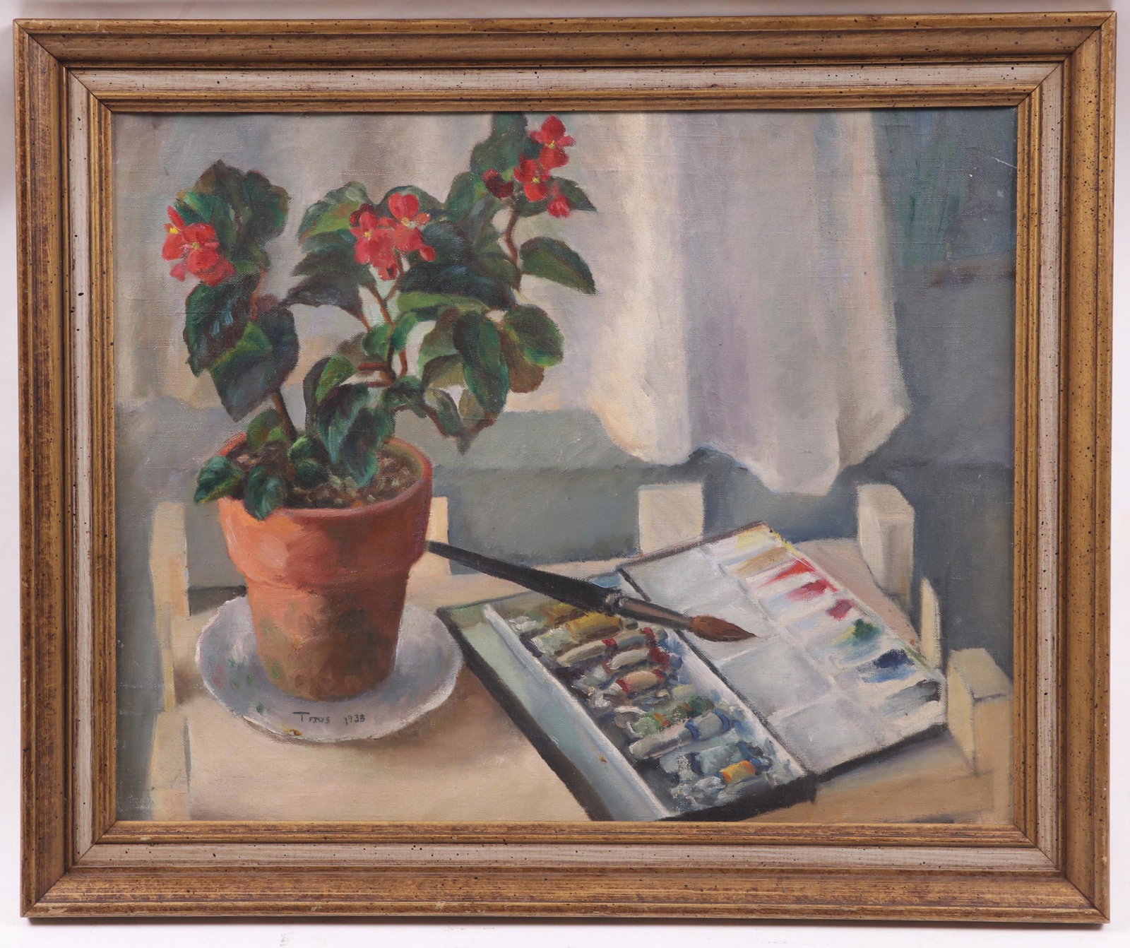 Grace Ernst Titus Steinmetz (1911-2004) O/C: A still life with paint set and a potted plant, signed and dated for 1933 at the lower left. Lancaster, PA artist. Dimensions: 20" x 16", the frame 23 1/2" x 19 1/2". Provenance: From a Lancaster Coun