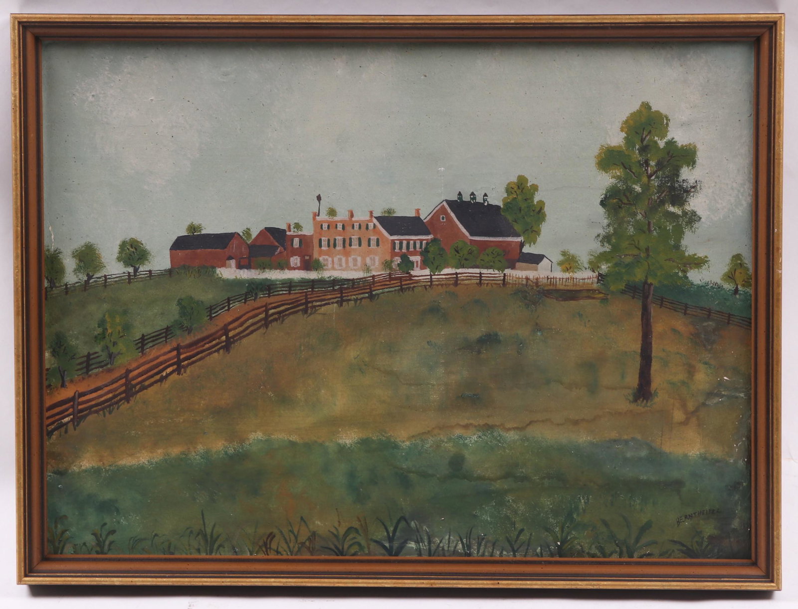 American School, 19th C, Oil on Canvas: Signed Berntheisel at the lower right corner. Depicting a landscape with central farm. Dimensions: 16 1/2" x 22 1/2". The frame is 18" x 24". Provenance: From a Lancaster County Estate.