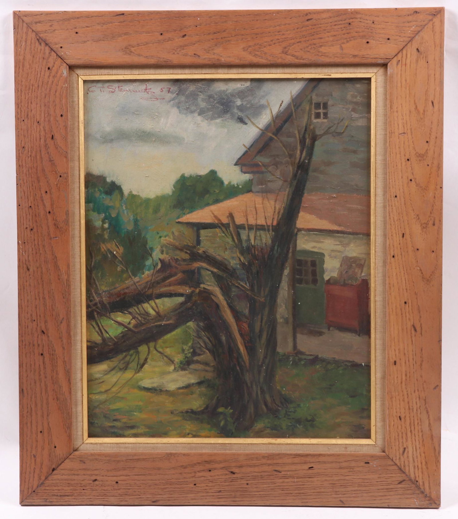 Grace Steinmetz (1911-2004) Oil on Board: A scene with barn and central dead tree, signed and dated for 1957 at the upper left corner. This is a Lancaster PA artist. Dimensions: 19 1/2" x 15 1/2", the frame 27" x 23". Provenance: From a Lanca