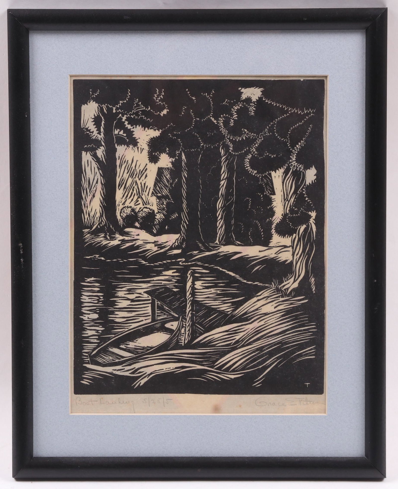 Grace Ernst Titus Steinmetz (1911-2004), Woodblock: Titled "Boot Landing". Pencil signed. Dimensions: Sight 10 3/4" x 8". The frame 15" x 12". Provenance: From a Lancaster County Estate.