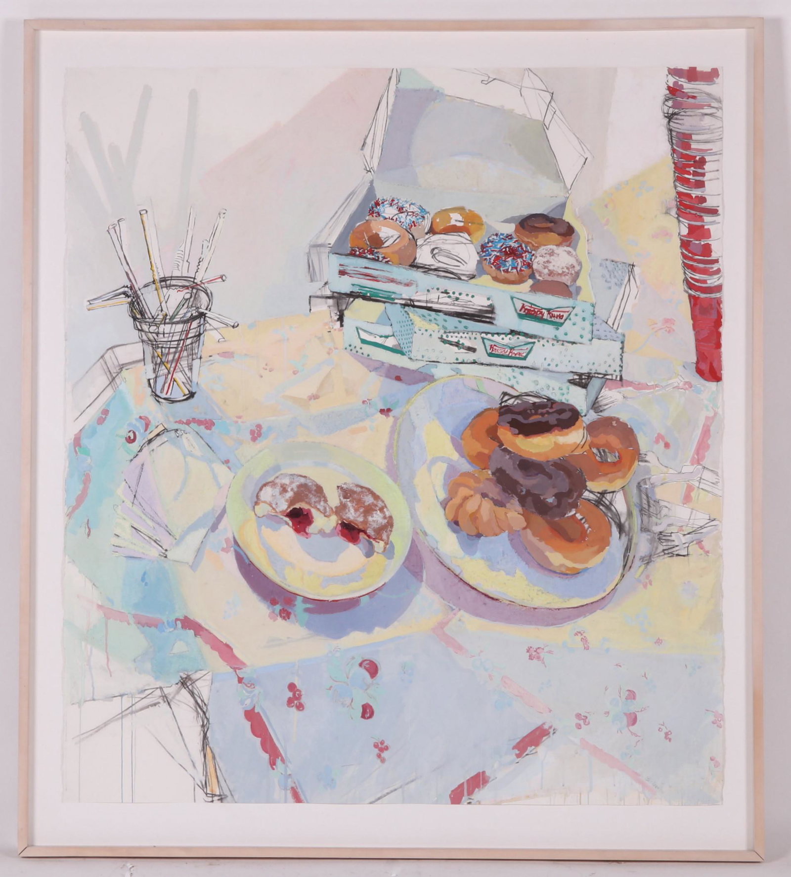 A Large Work, Mixed Media: Watercolor and crayon on paper. A still live with Krispy Kreme donuts. Signed "Becker" and dated for 2004 in the lower right corn Dimensions: 57" x 51". The frame 65 1/2" x 58". Provenance: From a loc