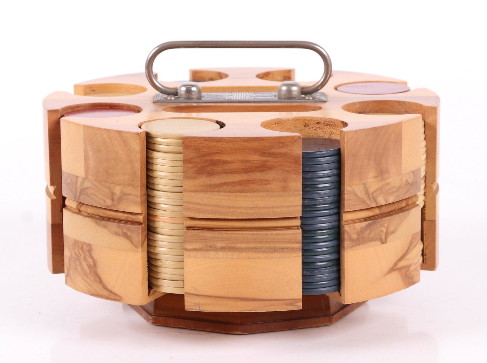 Art Deco Period Poker Chip Set: Circa 1930, wooden with bakelite chips, unmarked. Dimensions: 8 1/2" in diameter, 4 1/4" tall. Provenance: From a local estate.