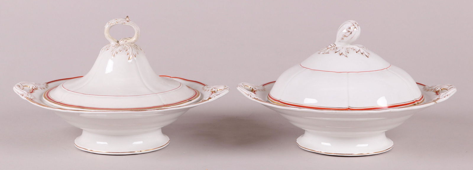 KPM Porcelain, Two Covered Servers: 19th century, each with crimson and gilt borders, marked as pictured. Part of a larger service we are selling in this pattern, please check the other lots in this sale. Dimensions: 13" x 11" and 8" ta