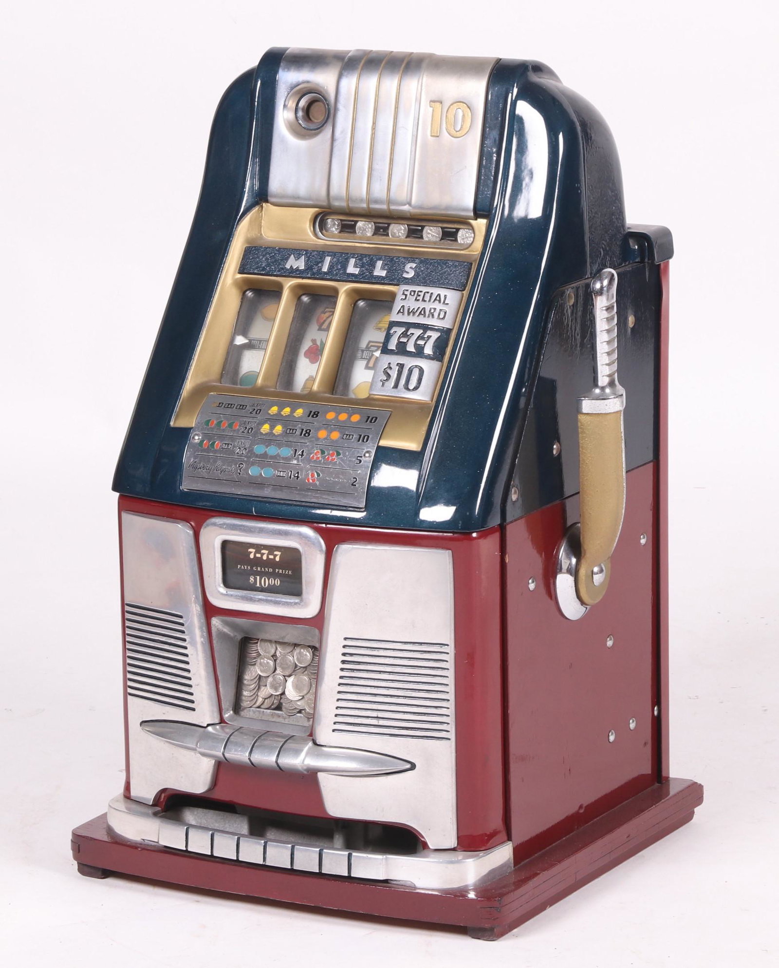 A Mills Special Reward 10 cent Slot Machine: An art deco example with red and blue paint. Dimensions: 16" x 15", the height is 27".