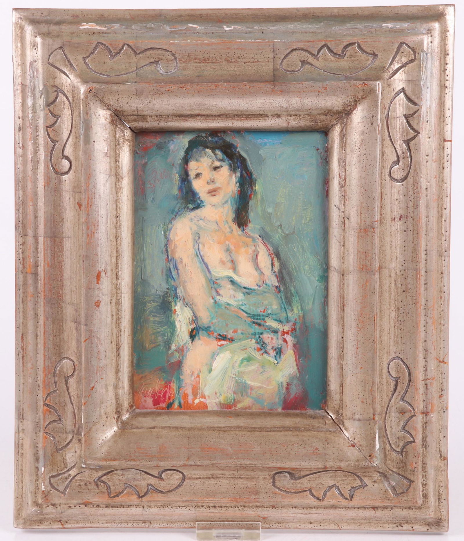 Jan De Ruth (1922 - 1991) Oil on Board: A nude, signed at the lower left corner. Dimensions: 7" x 5", the frame 13" x 11". Provenance: From a Philadephia estate.