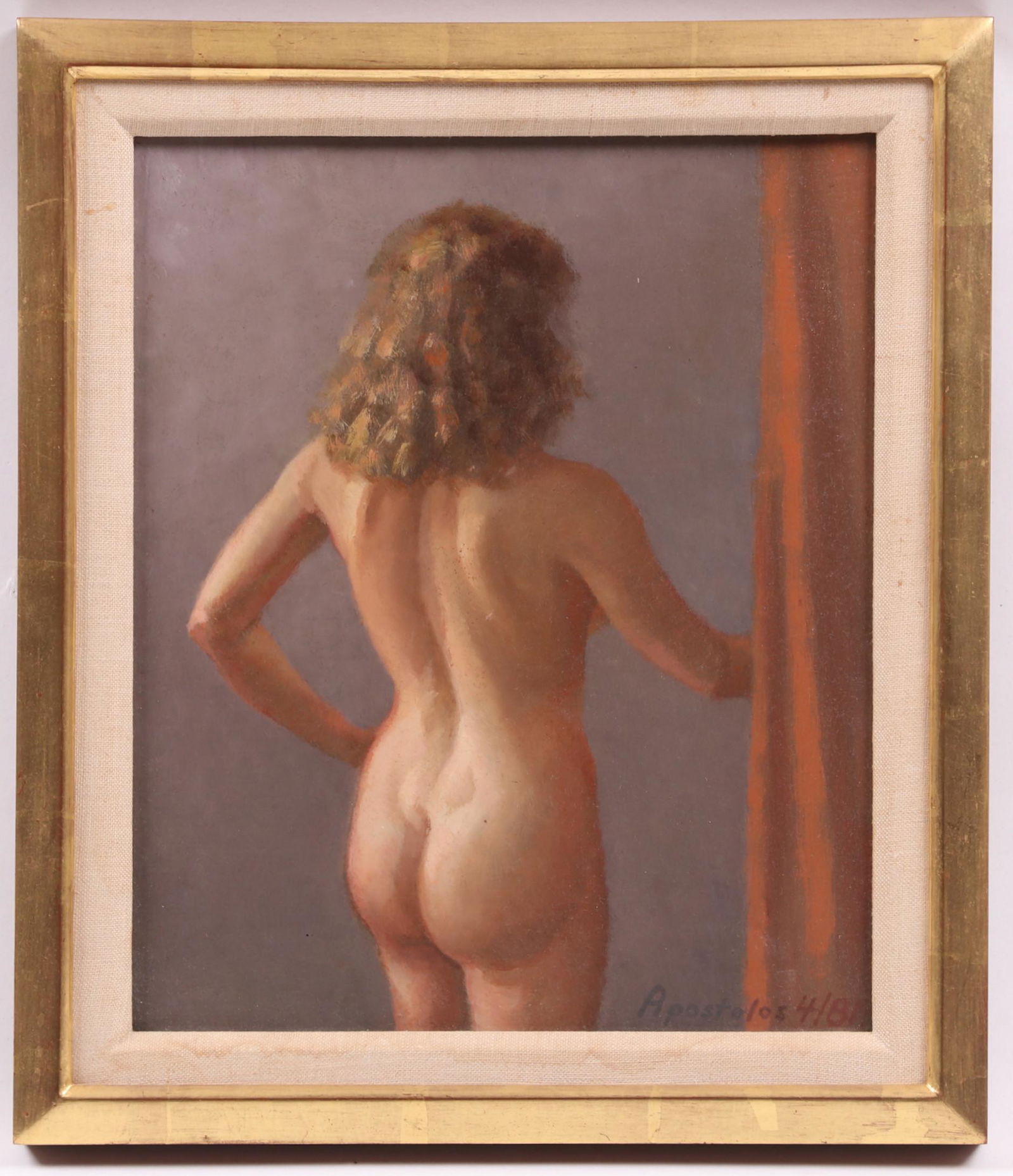 Oil on Masonite, Signed Apostolos: A nude in an interior, signed and dated for April of 1981. Dimensions: 12" x 10", the frame 14 1/2" x 12 1/2". Provenance: From a Philadephia estate.