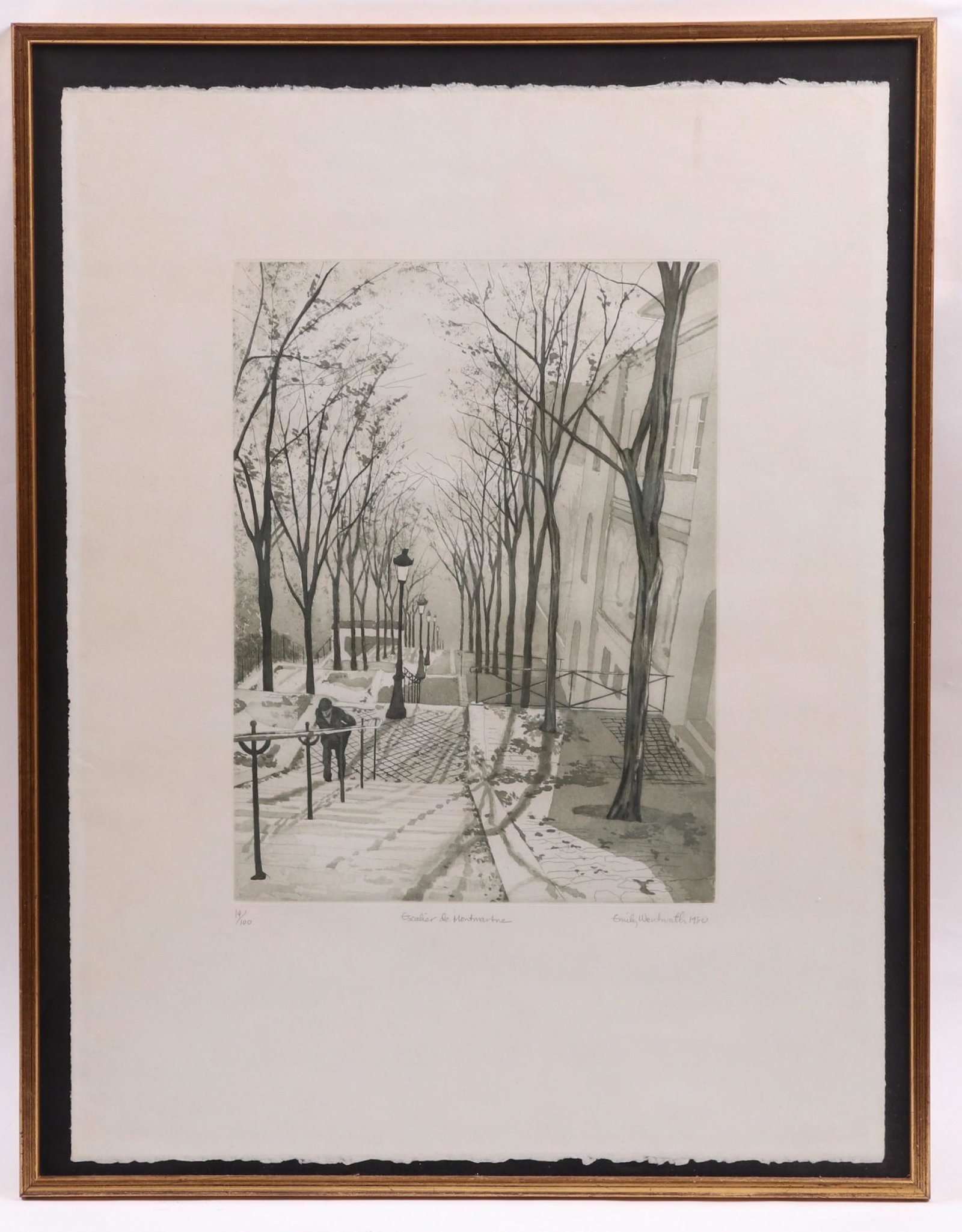 An Etching by Emily Wentworth: Titled, "Escalier de Montmartre" , pencil signed, dated for 1980 and numbered 14/100. Dimensions: The print is 25 3/4" x 19 1/2", the frame 28" x 22". Provenance: From a Philadelphia collection.