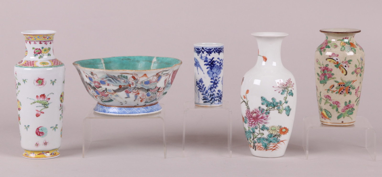 Five Pieces of Chinese Porcelain: Three vases, a blue and white brush pot and a lobed bowl decorated with warriors.All 19th or early 20th century. Dimensions: From 1 3/4" to 7" in diameter, the heights range from 3" to 8". Provenance: