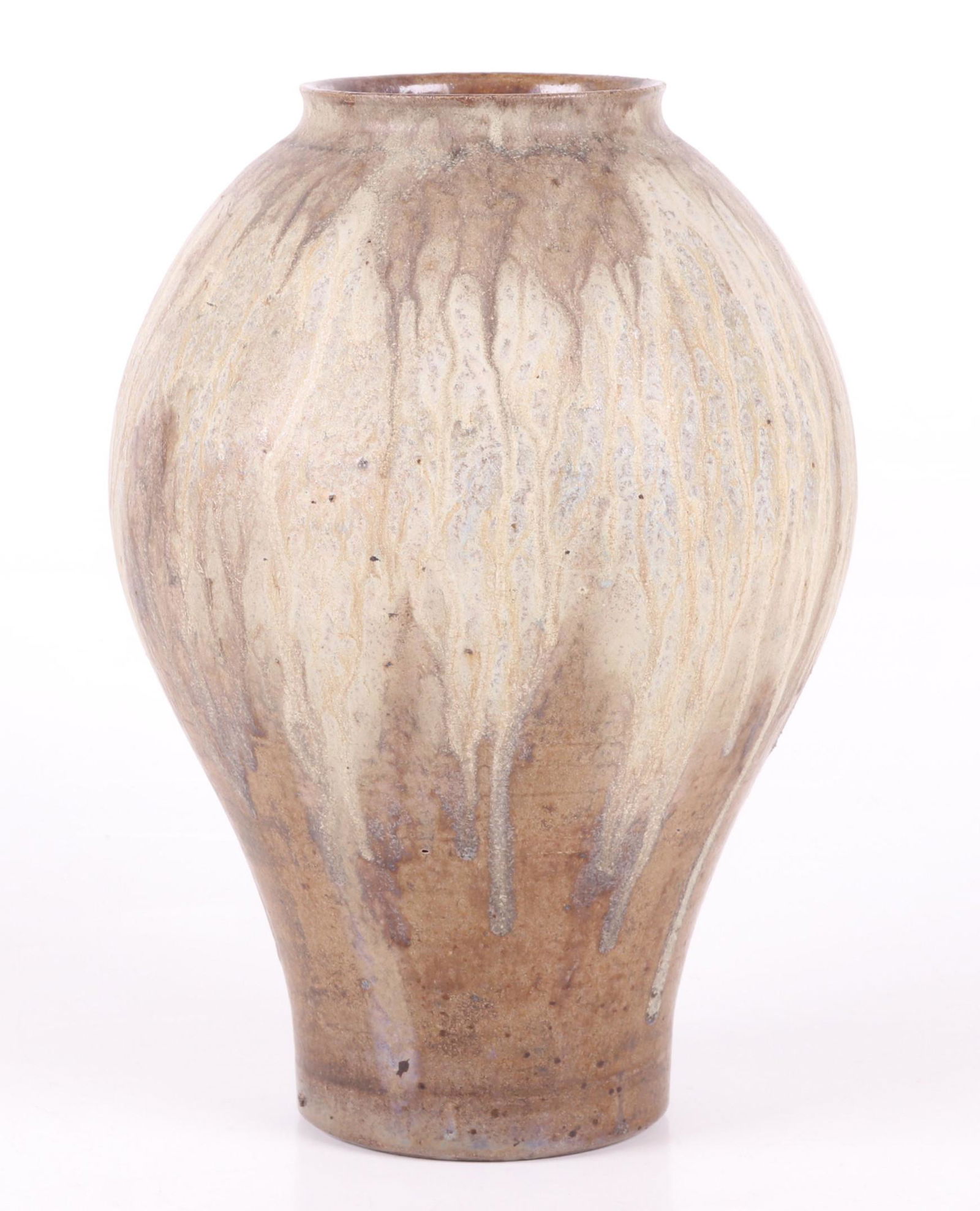 Roger Guerin (1896-1954) Pottery Vase: With a mottled drip glaze, signed as pictured. With old Sotheby Parke Bernet tag. Dimensions: 9" in diameter, 12 1/2" tall. Provenance: From a Pittsburgh estate.