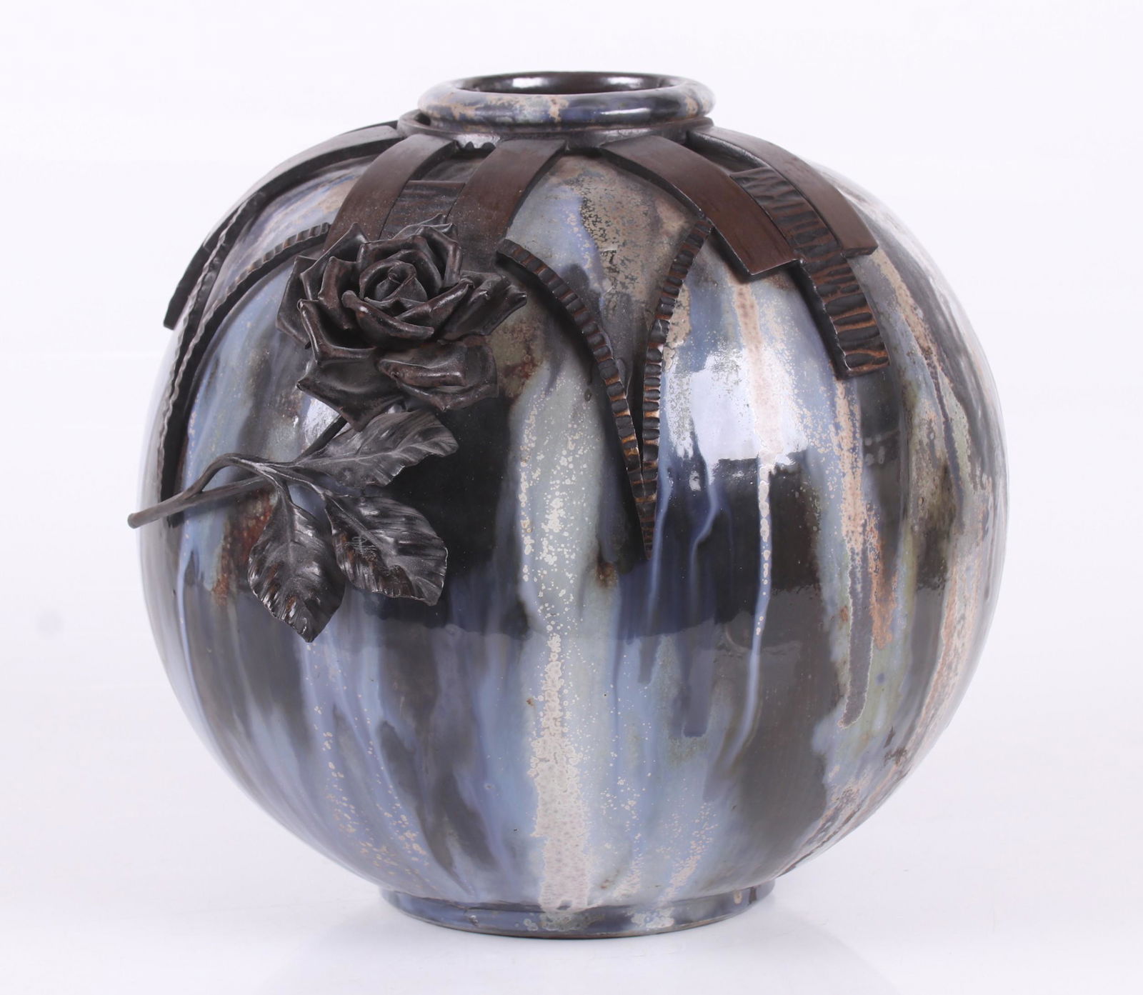 Roger Guerin (1896-1954) Pottery Vase: A globular example with a variegated glaze and mounted with wrought iron decoration signed "Marchand". Dimensions: 12" in diameter and 11" tall. Provenance: From a Pittsburgh estate.