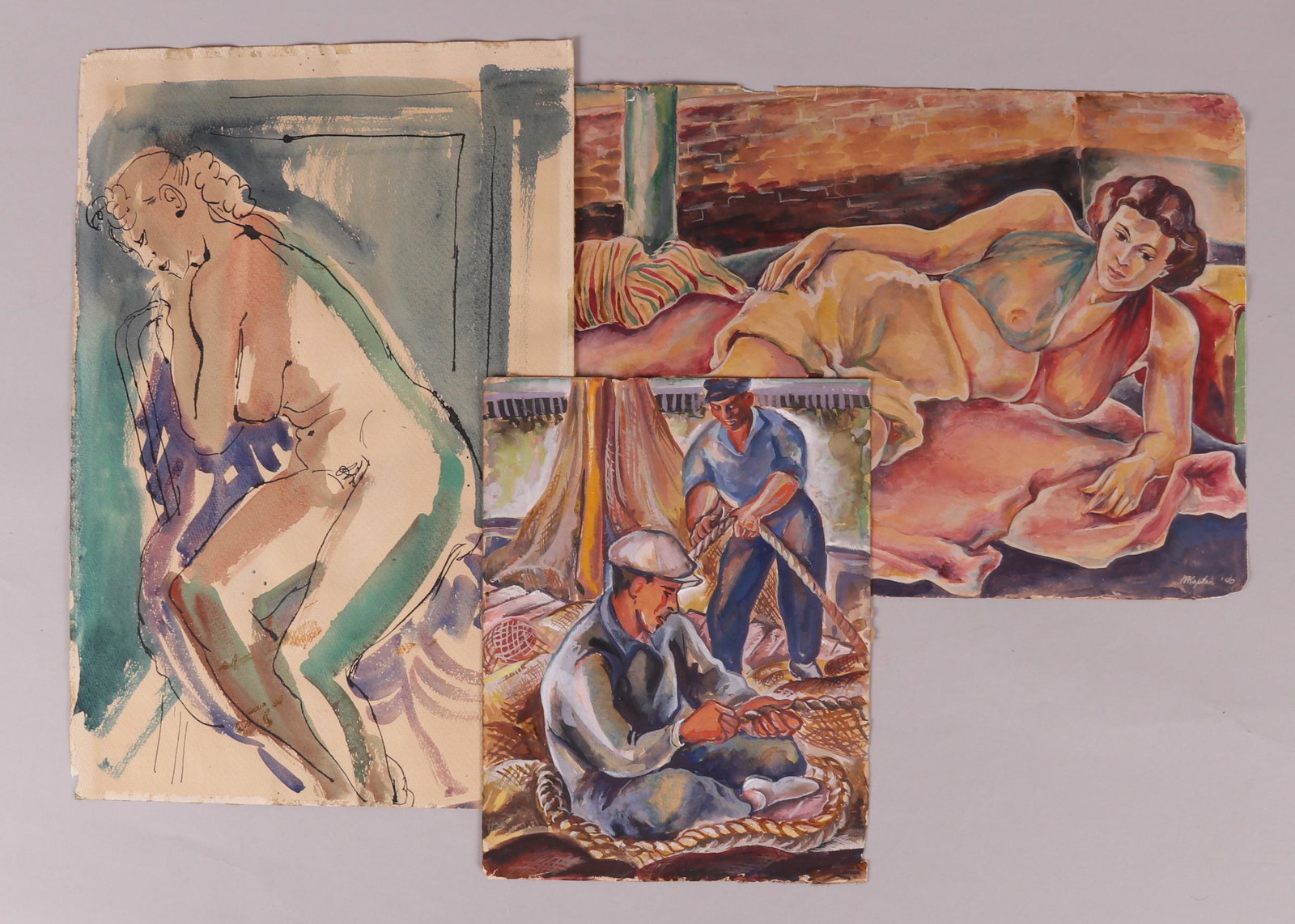 May Bender (1921 - 2011) Three Watercolors: Two early works, one depicting fisherman (unsigned) the other a woman reclining which is signed and dated for 1940 at the lower right corner (signed M. Kaplan. the artist's maiden name) and a later mo