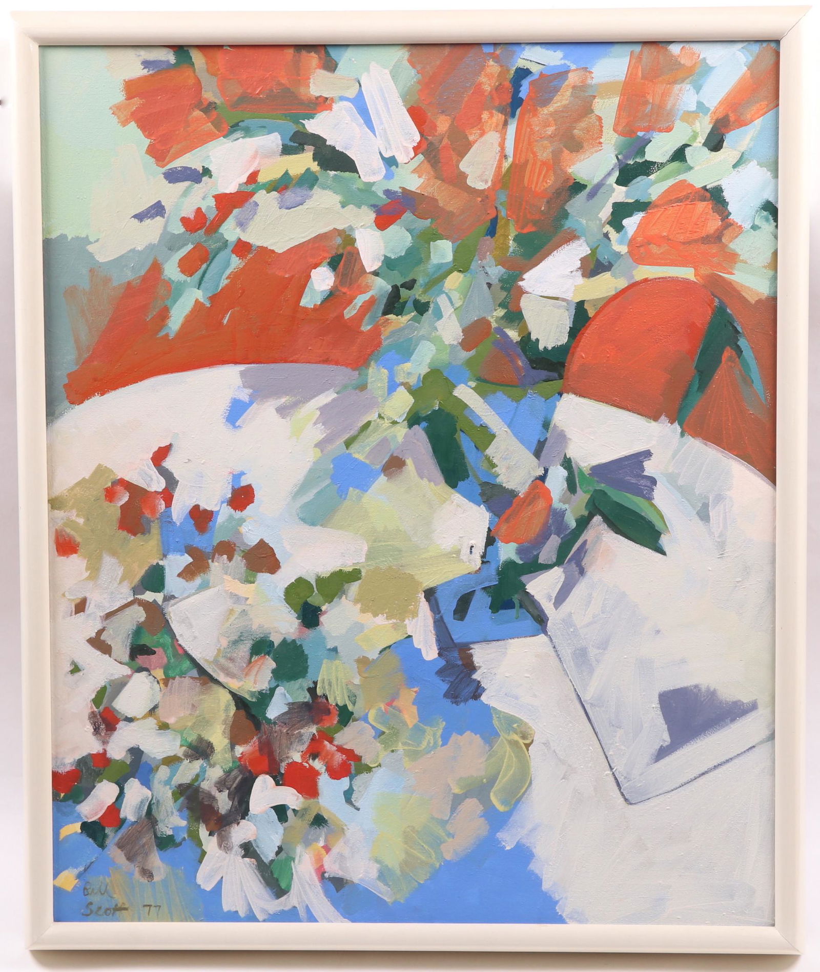 Bill Scott (Born 1956) Oil on Canvas: An abstract floral work, signed and dated for 1977 at the lower left corner. Dimensions: 30" x 25", the frame 31 3/4" x 26 3/4". Provenance: From a Philadephia estate.