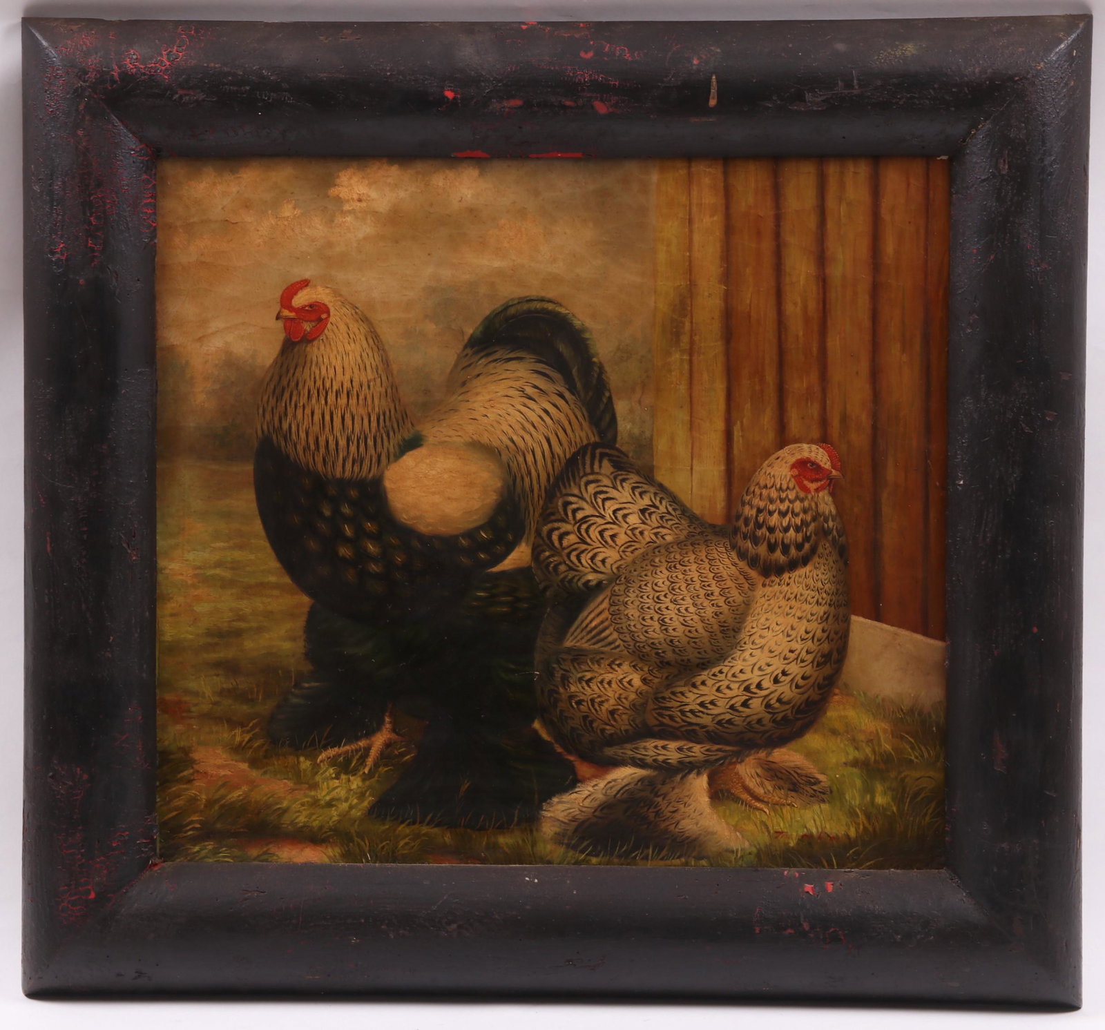 Continental School, 19thc. Oil on Canvas: Depicting chickens, illegibly signed at the lower right corner. Dimensions: 18" x 20", the frame 24" x 26". Provenance: From a PA estate.