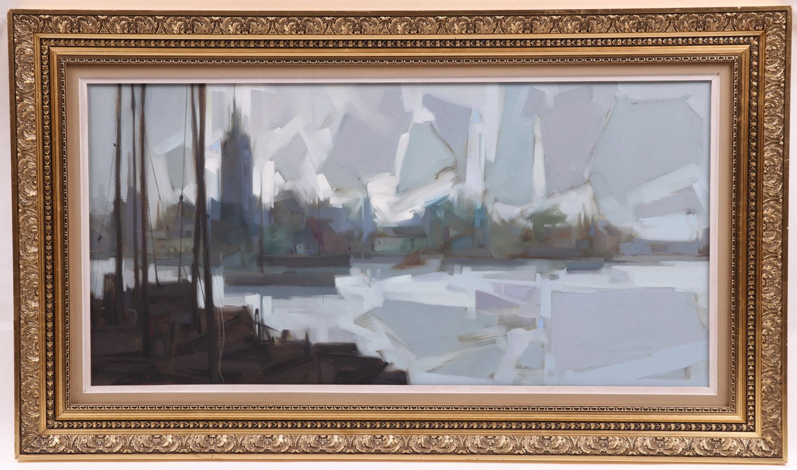 Modernist Cityscape , Oil on Canvas: Circa 1960-70, apparently signed "Gunta" at the lower left corner. Dimensions: 16" x 32", the frame 22 1/2" x 38 1/2".