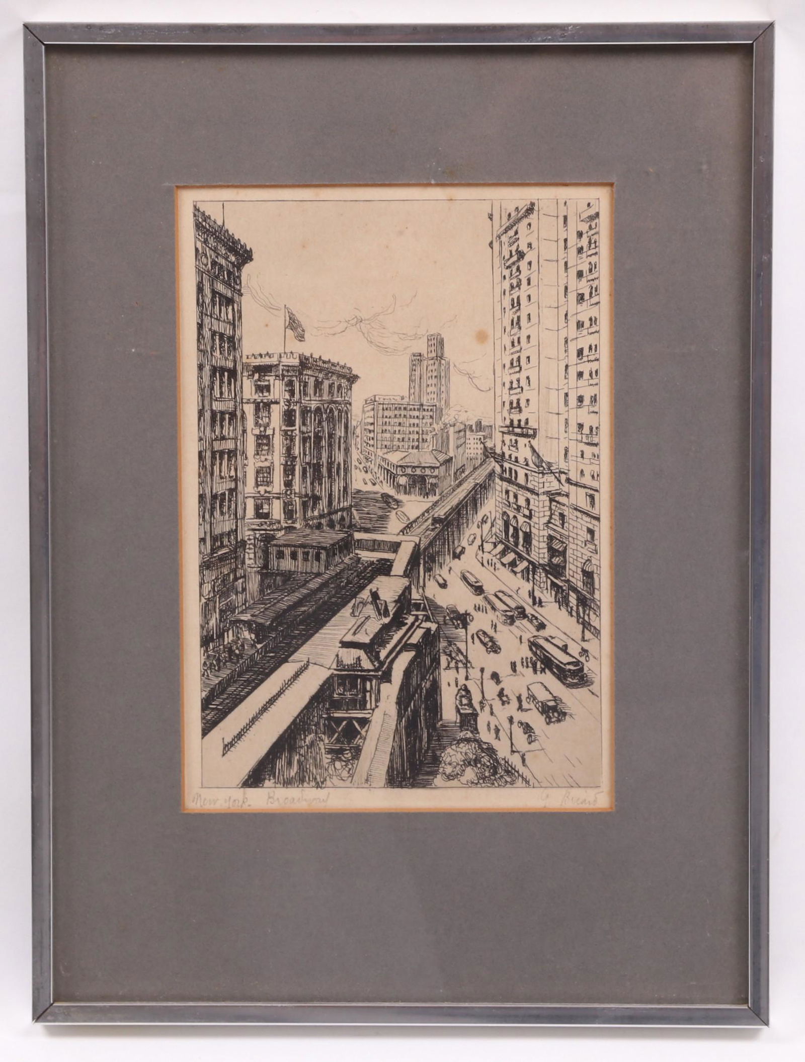 George Briard, (1917-2005) Etching: "New York, Broadway", pencil signed. Dimensions: Sight is 9 1/2" x 6 1/2", the frame 15 1/4" x 11 1/4".