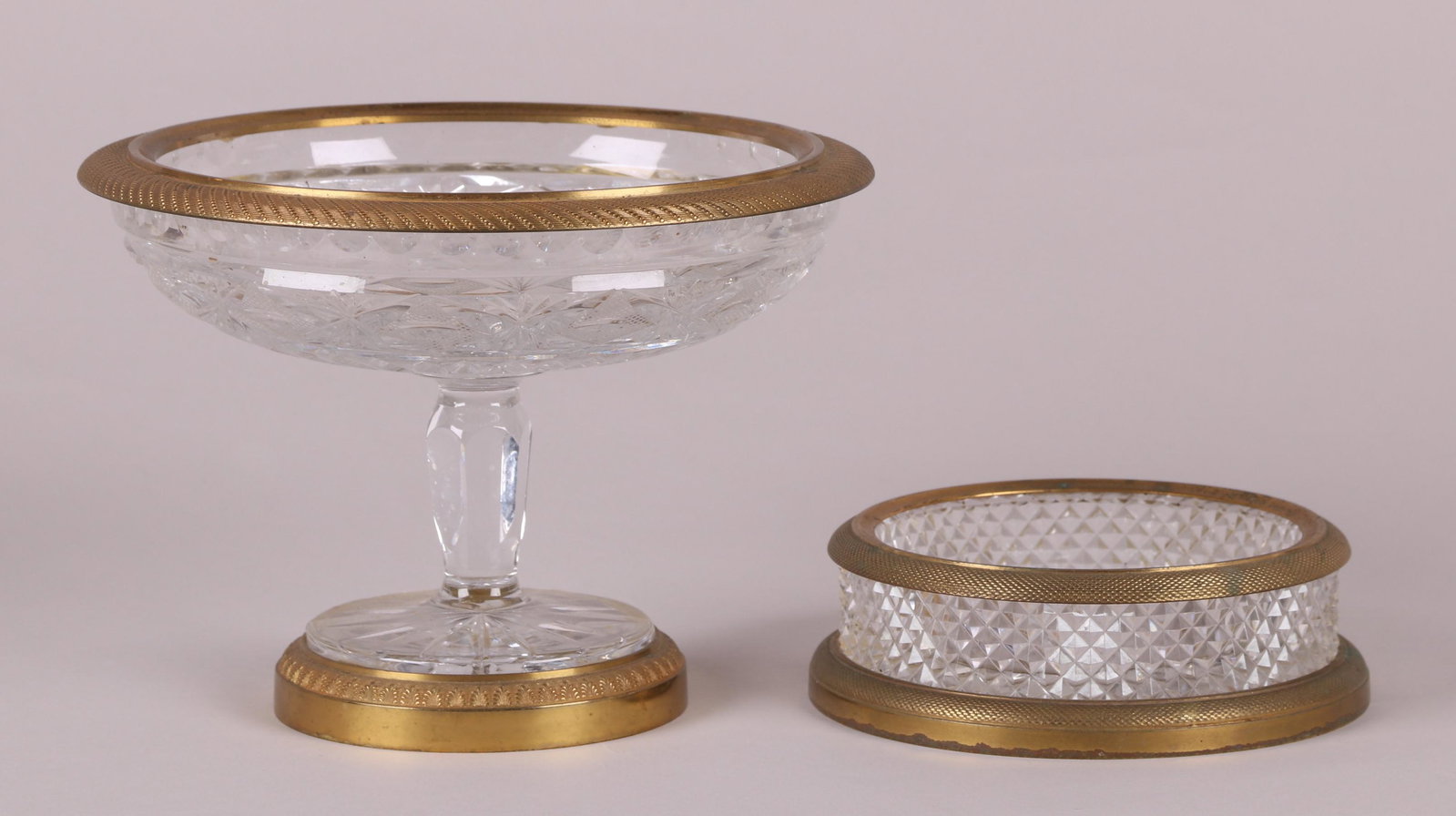 Two Pieces of Ormolu Mounted Cut Glass: A compote and a bowl, 20th century. Dimensions: 5 1/2" and 8 1/2" in diameter, the heights are 2" and 6". Provenance: From a PA estate.